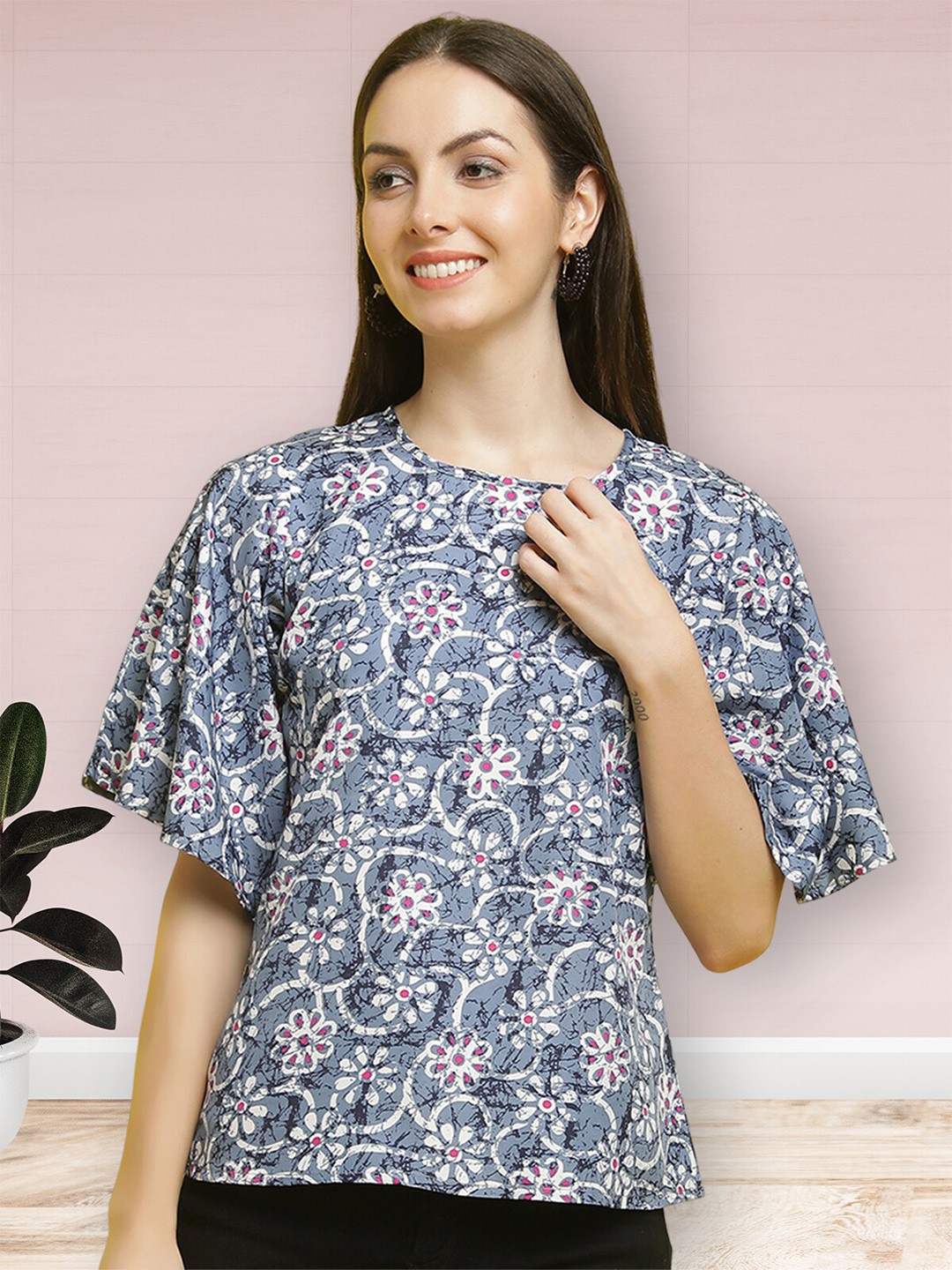 

Poshyaa Printed Ethnic Crepe Top, Grey