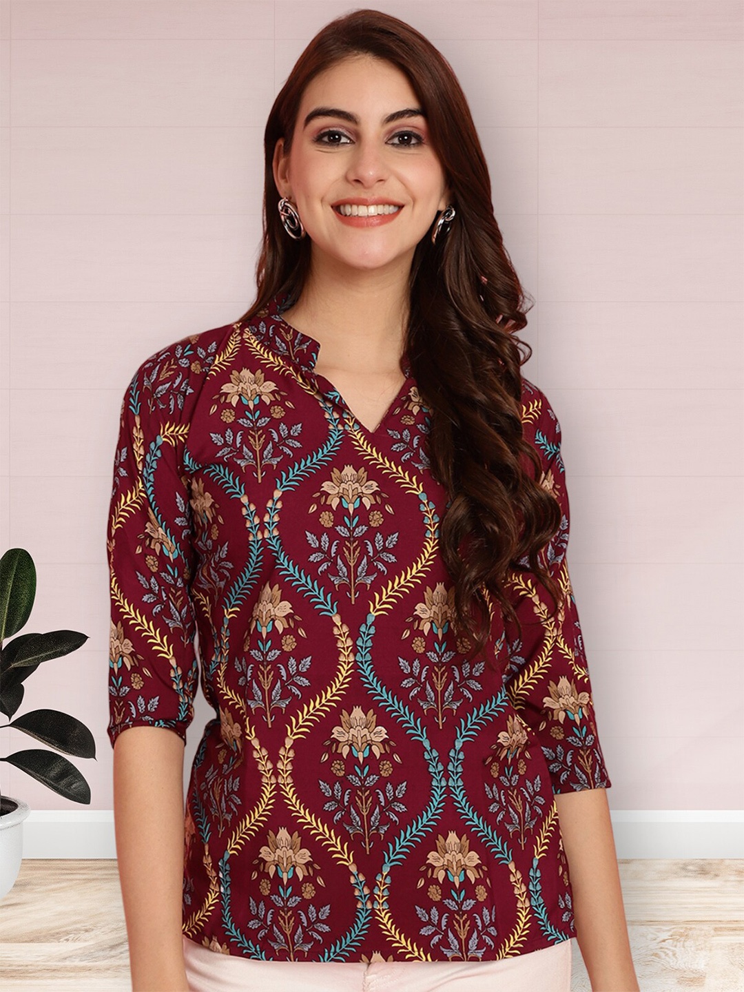 

Poshyaa Printed Mandarin Collar Ethnic Crepe Top, Maroon