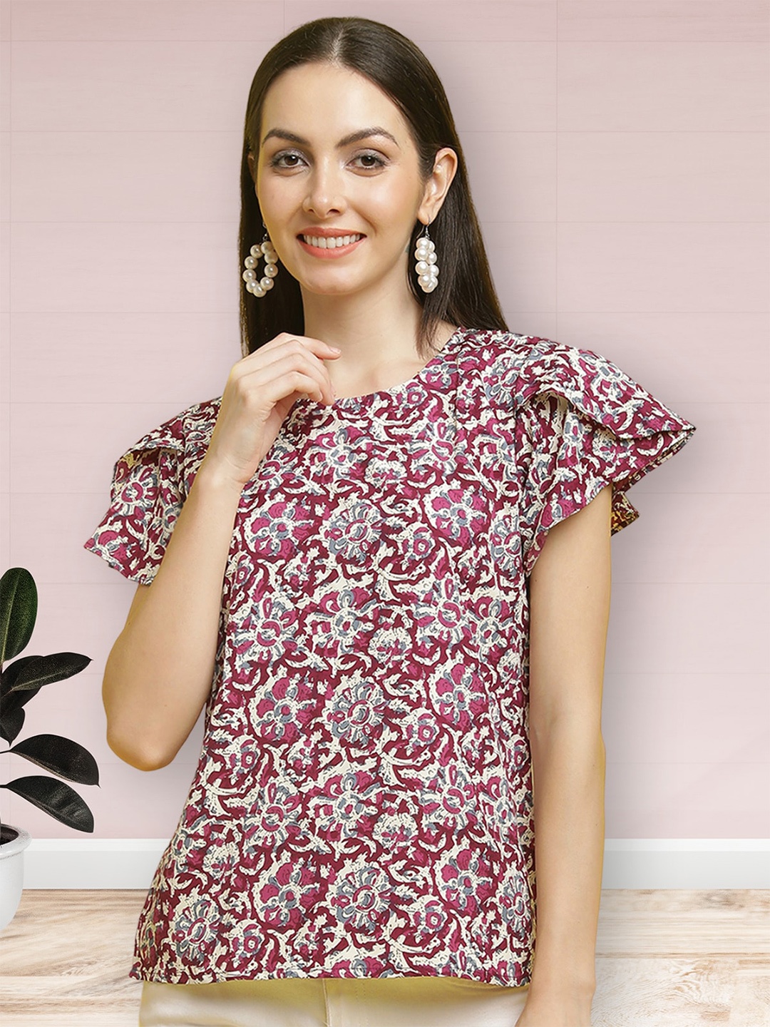 

Poshyaa Printed Ethnic Crepe Top, Red