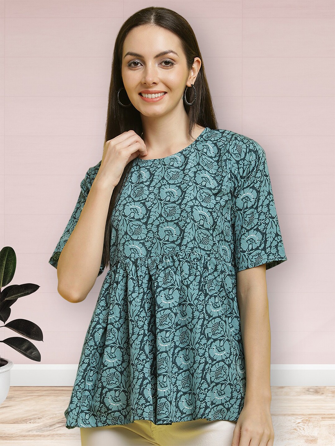 

Poshyaa Printed Ethnic Crepe Peplum Top, Green