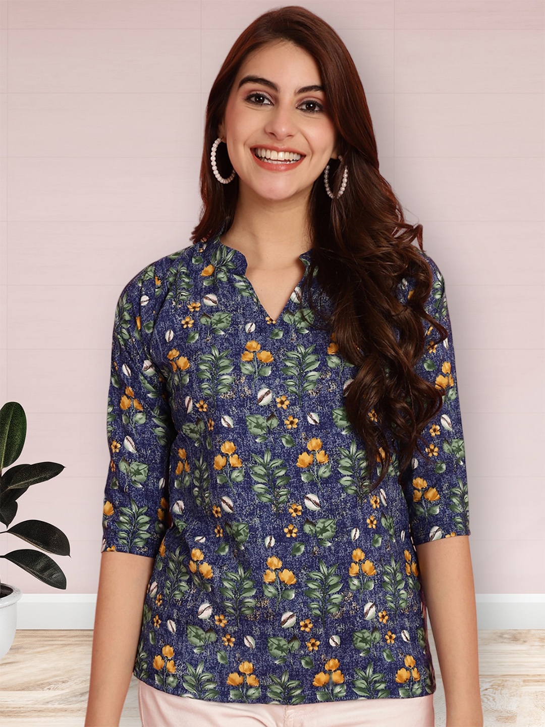 

Poshyaa Printed Mandarin Collar Ethnic Crepe Top, Blue