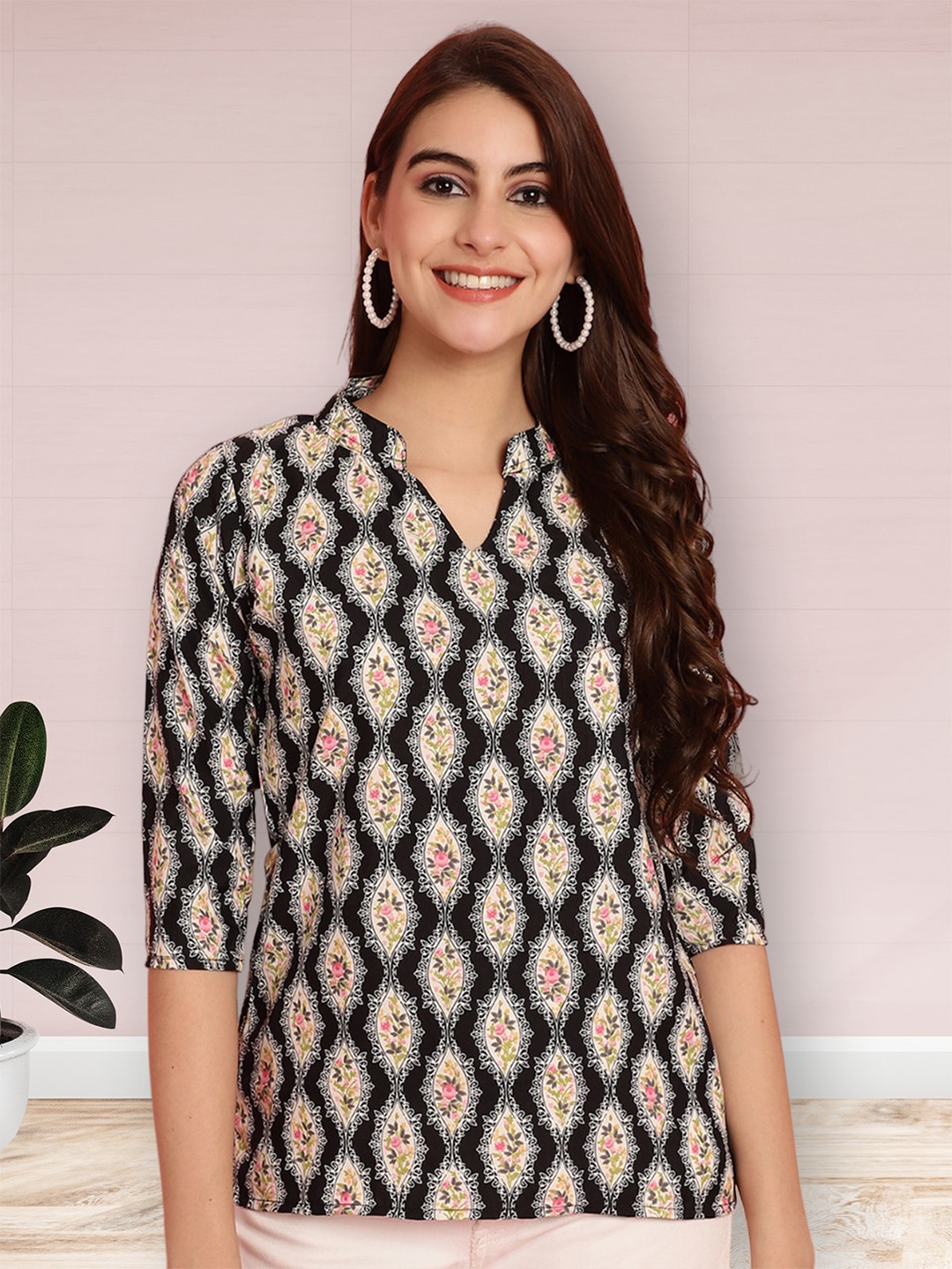 

Poshyaa Floral Printed Mandarin Collar Top, Black