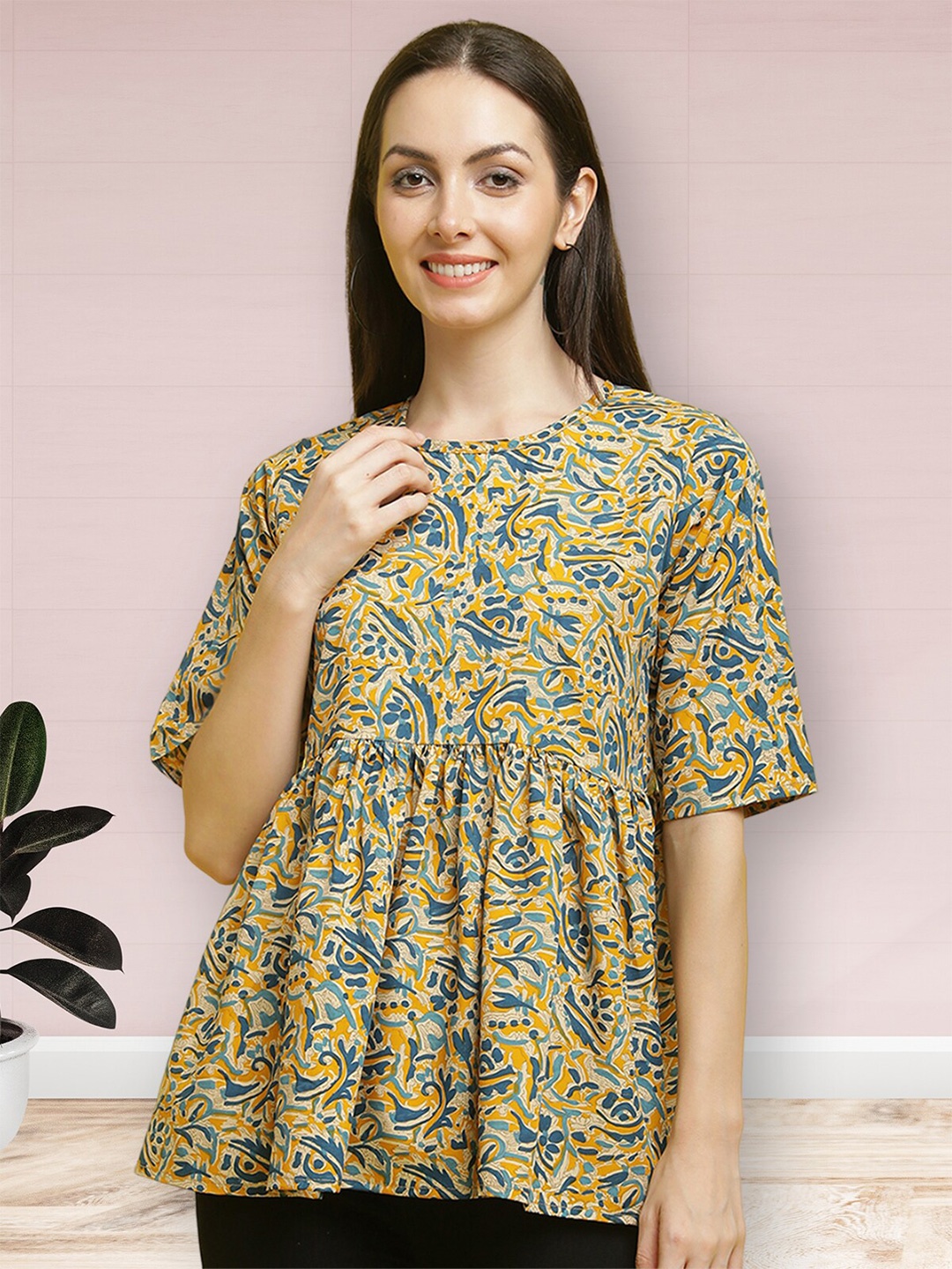 

Poshyaa Floral Printed Round Neck Gathered Peplum Top, Yellow