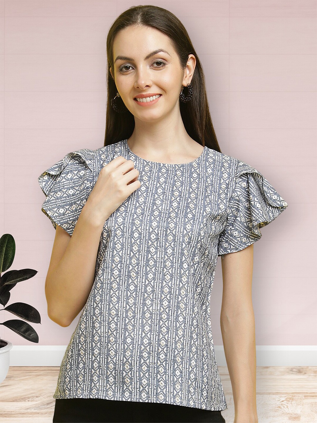 

Poshyaa Ethnic Motifs Printed Round Neck Flutter Sleeves Top, Grey