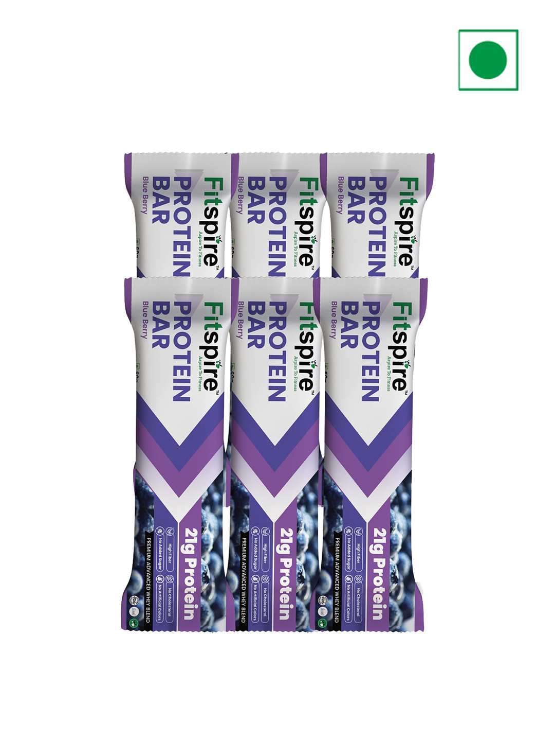 

FITSPIRE Set of 6 Blueberry Protein Bars -60gm Each, Blue
