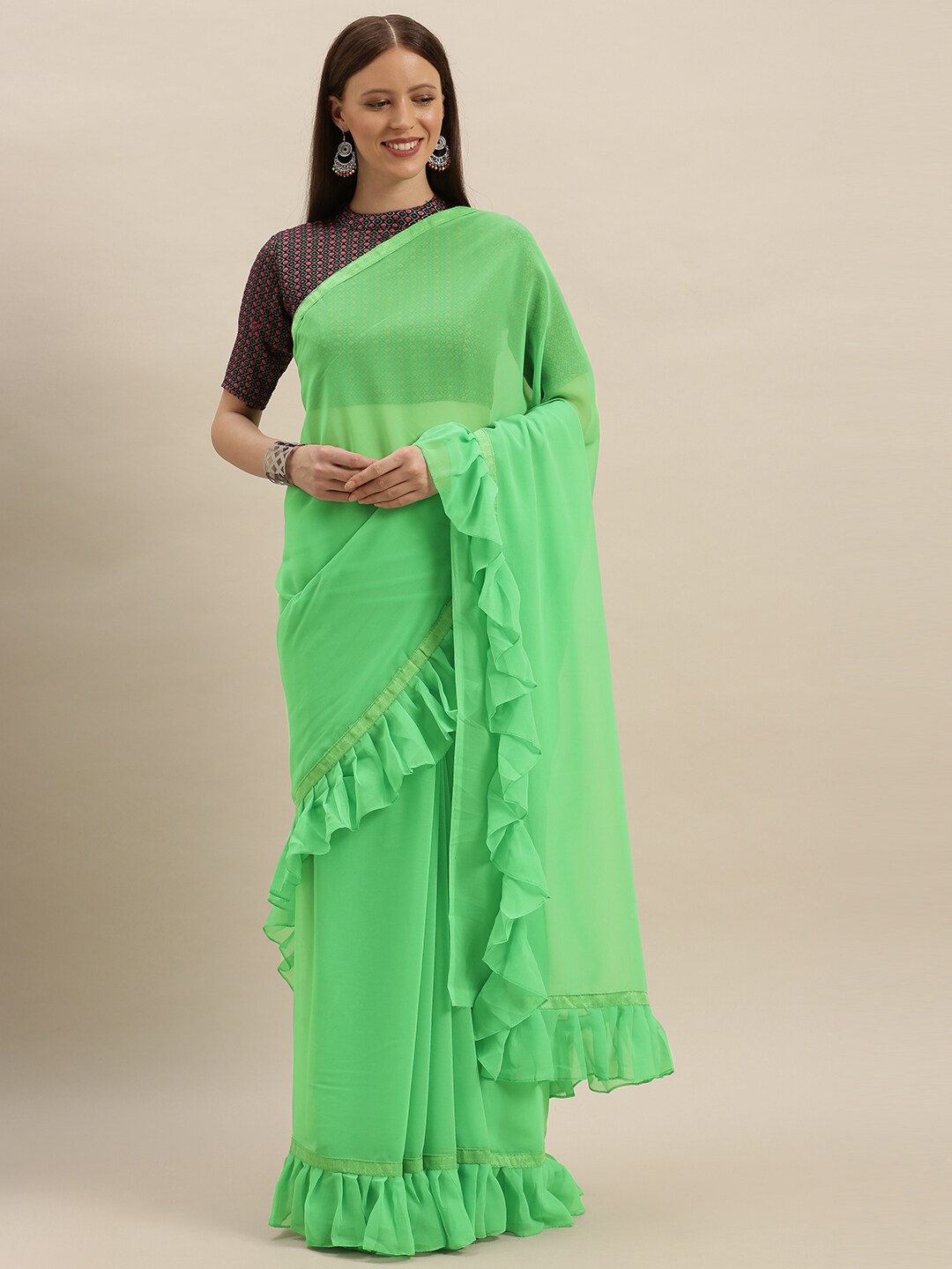 

KALINI Ruffled Poly Georgette Saree, Green