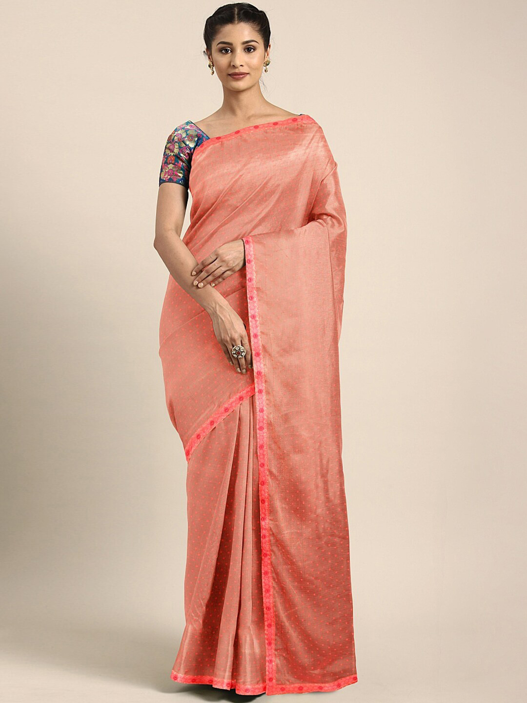

KALINI Geometric Woven Design Saree, Peach