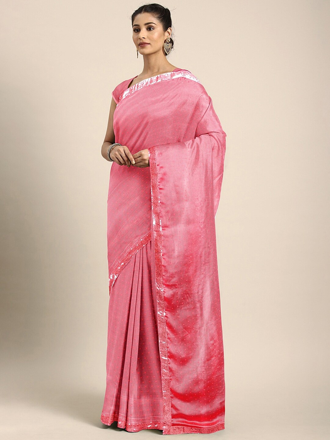 

KALINI Woven Design Embellished Sequined Saree, Pink