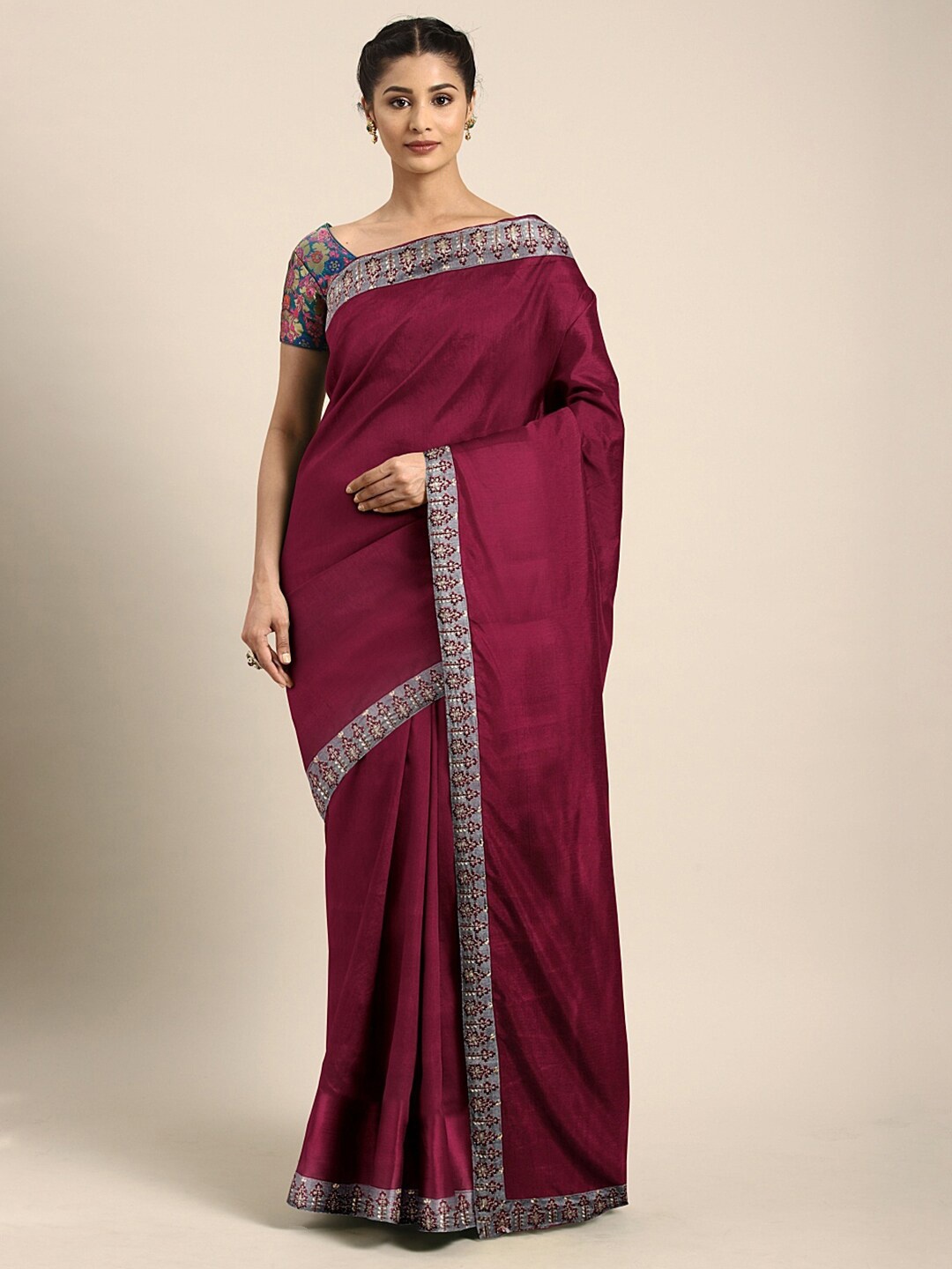 

KALINI Woven Design Border Zari Saree, Maroon