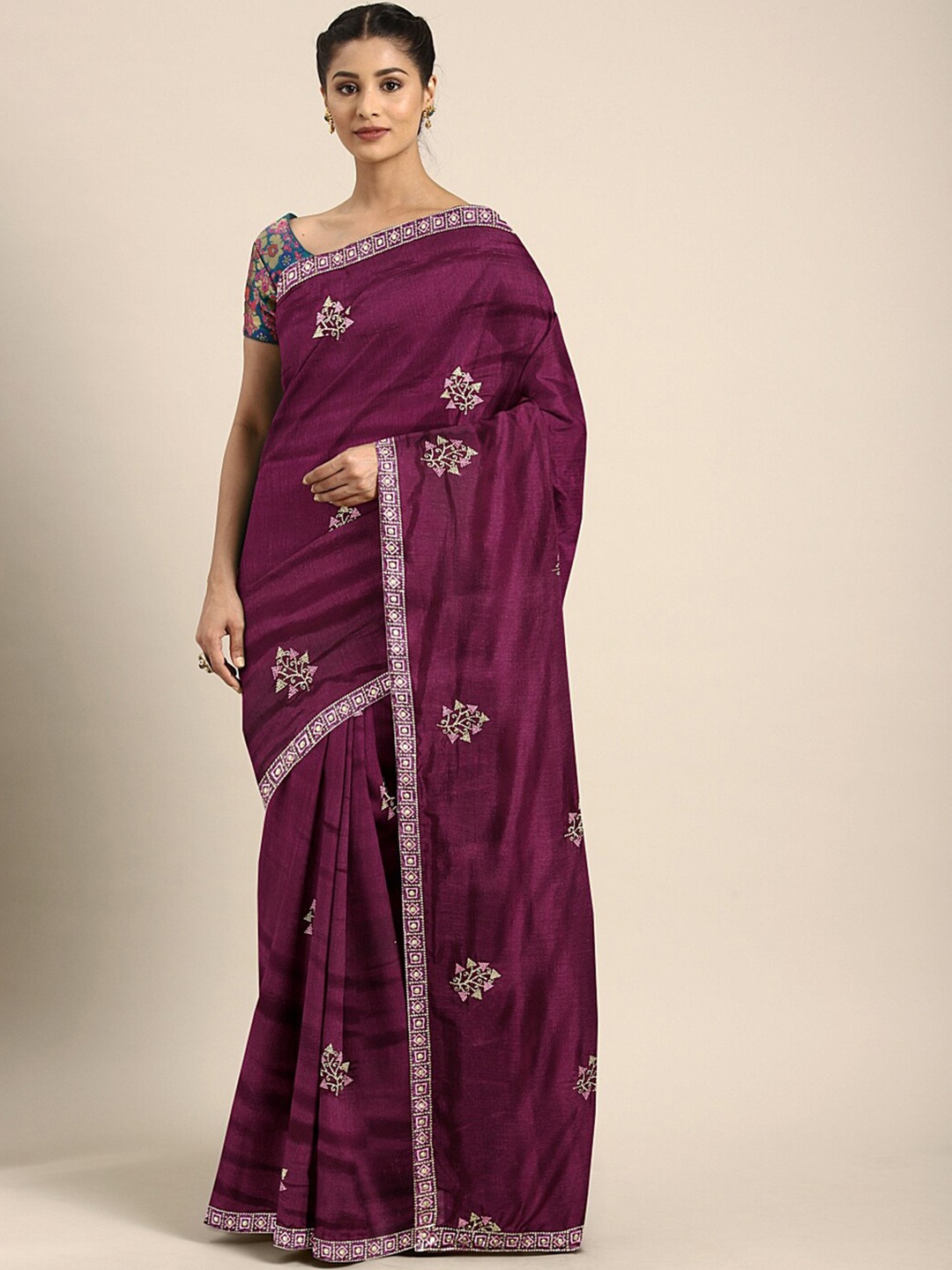 

KALINI Ethnic Motifs Embroidered Saree, Magenta