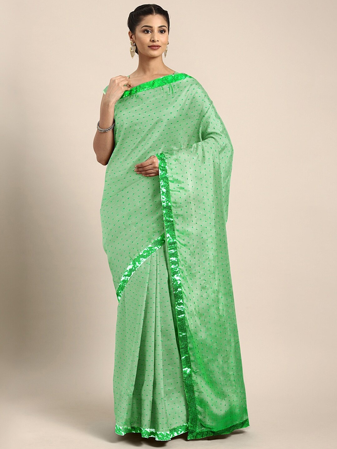 

KALINI Geometric Embroidered Sequinned Saree, Green