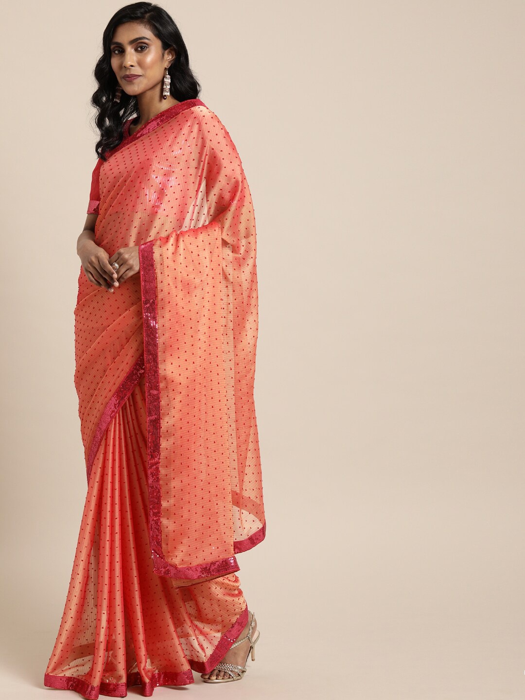 

KALINI Geometric Embroidered Saree, Peach