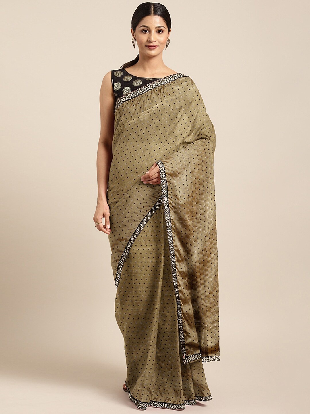 

KALINI Polka Dot Printed Poly Chiffon Saree, Beige