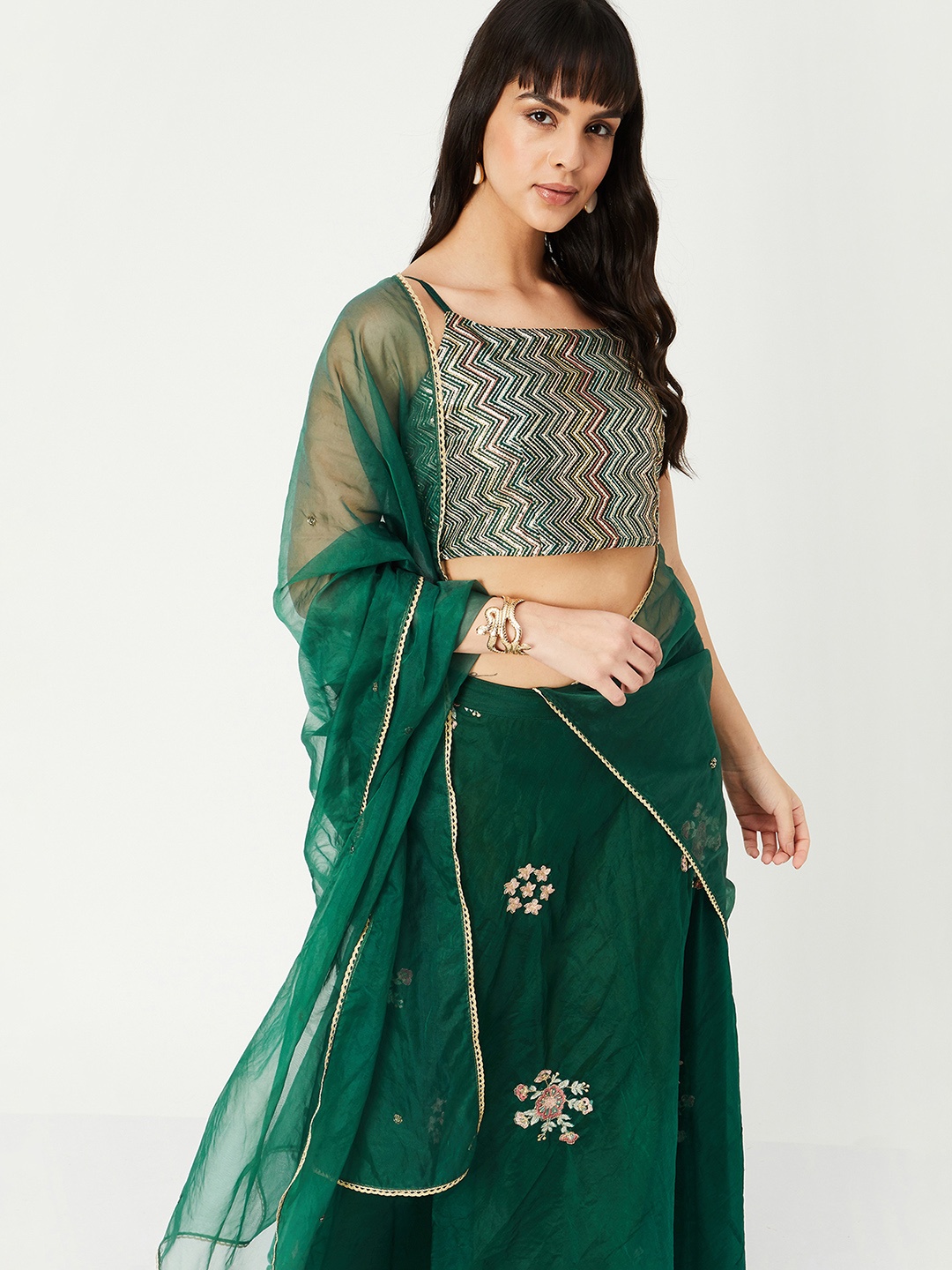 

max Thread Work Ready to Wear Lehenga & Blouse With Dupatta, Green