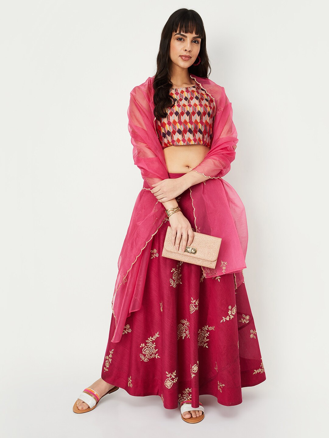 

max Printed Ready to Wear Lehenga, Blouse With Dupatta, Fuchsia