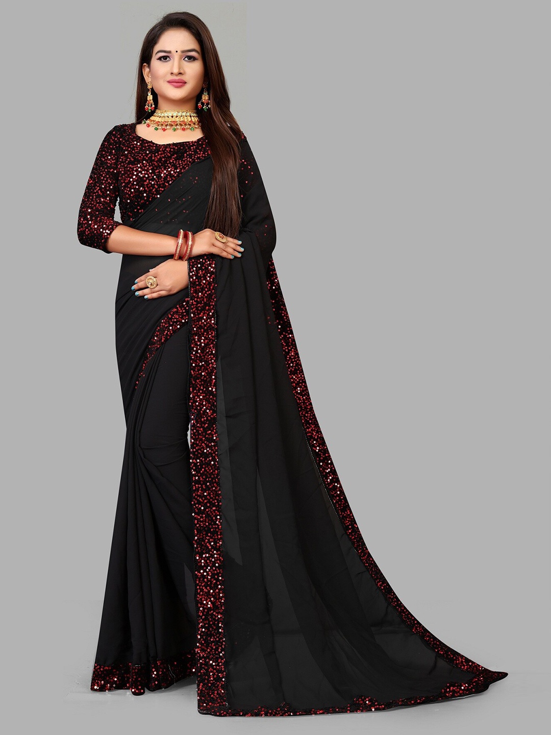 

VM TEJANI Sequinned Pure Georgette Saree, Black