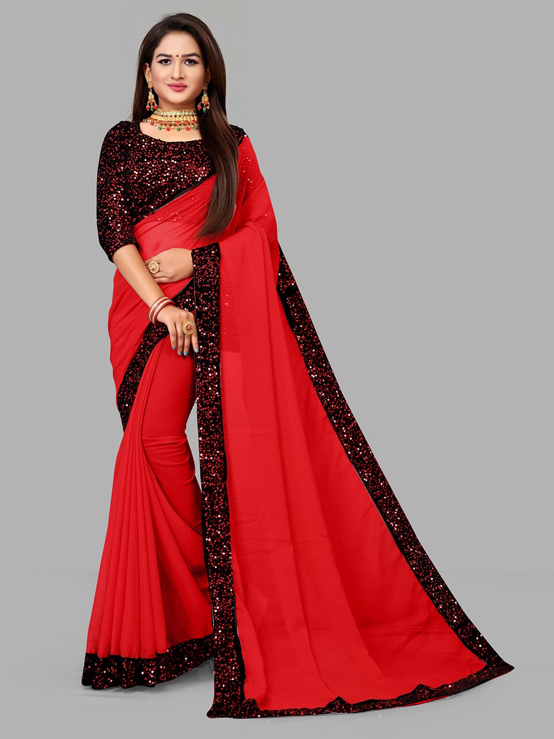 

VM TEJANI Sequinned Pure Georgette Saree, Red