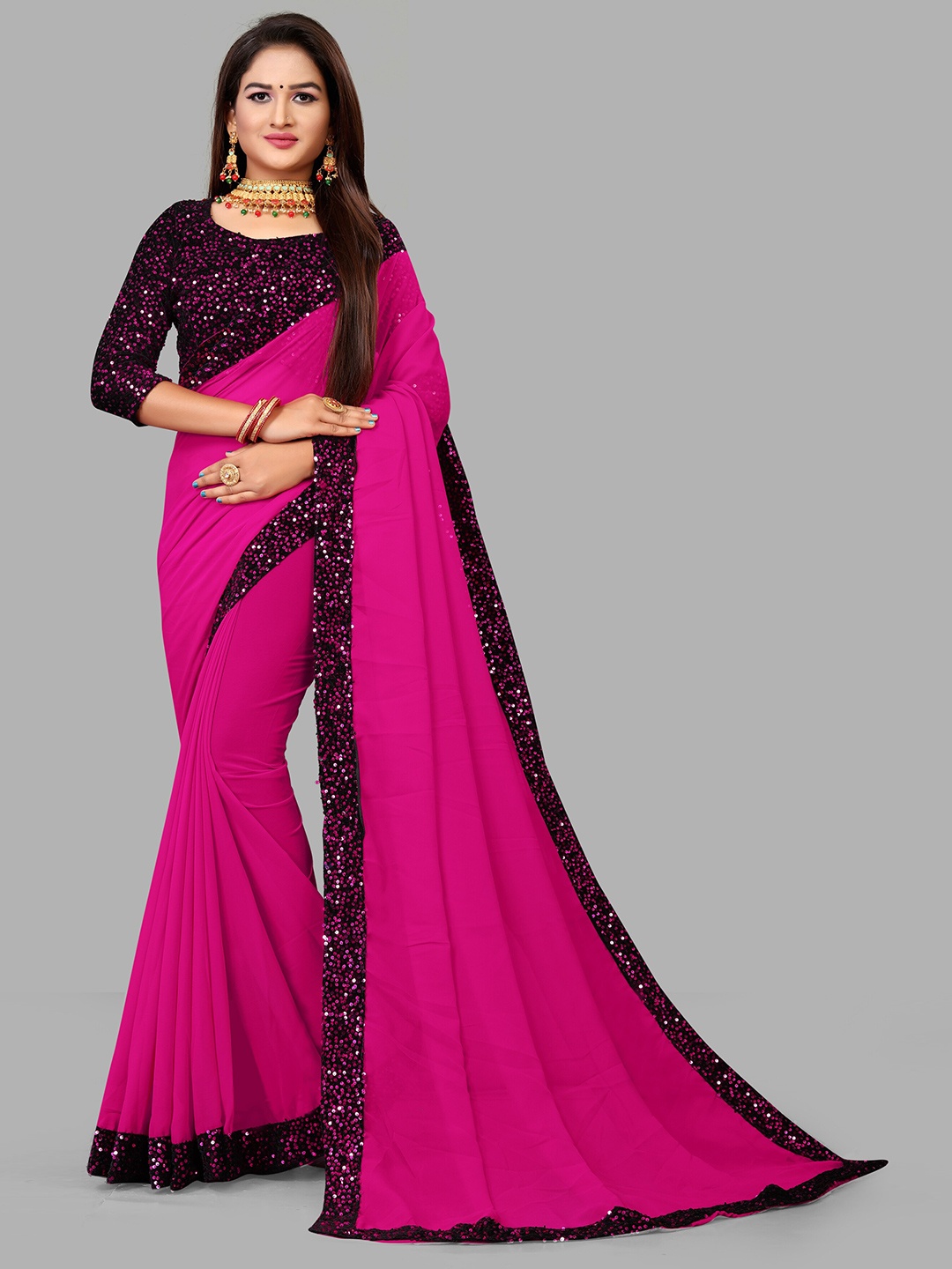 

VM TEJANI Sequinned Pure Georgette Saree, Pink