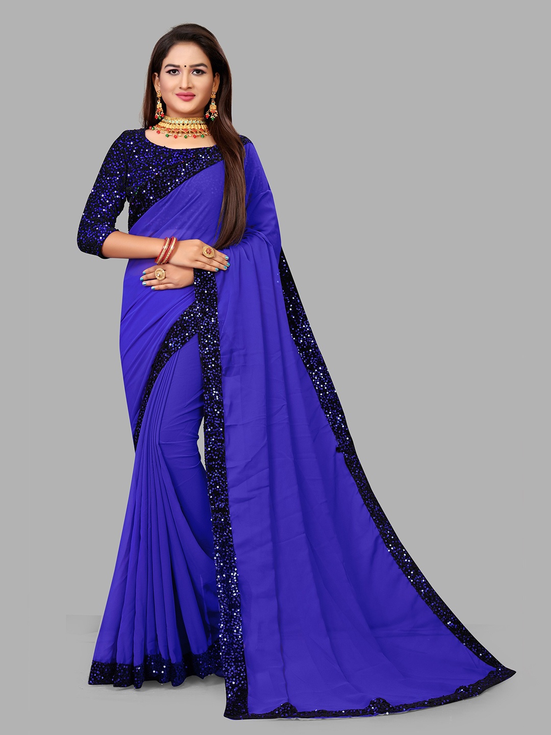 

VM TEJANI Sequinned Pure Georgette Saree, Blue