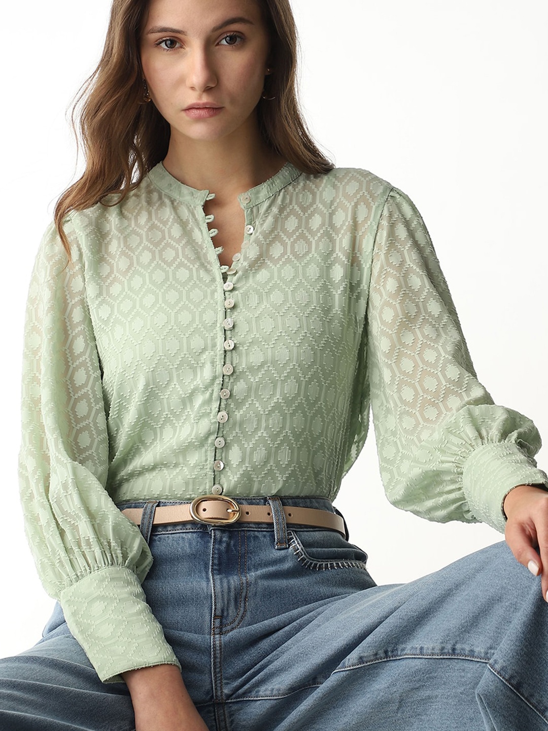 

Vero Moda Ethnic Motifs Self Design Mandarin Collar Semi Sheer Casual Shirt, Green