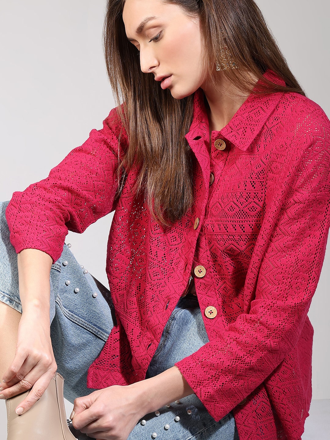 

Vero Moda Geometric Semi Sheer Casual Shirt, Pink