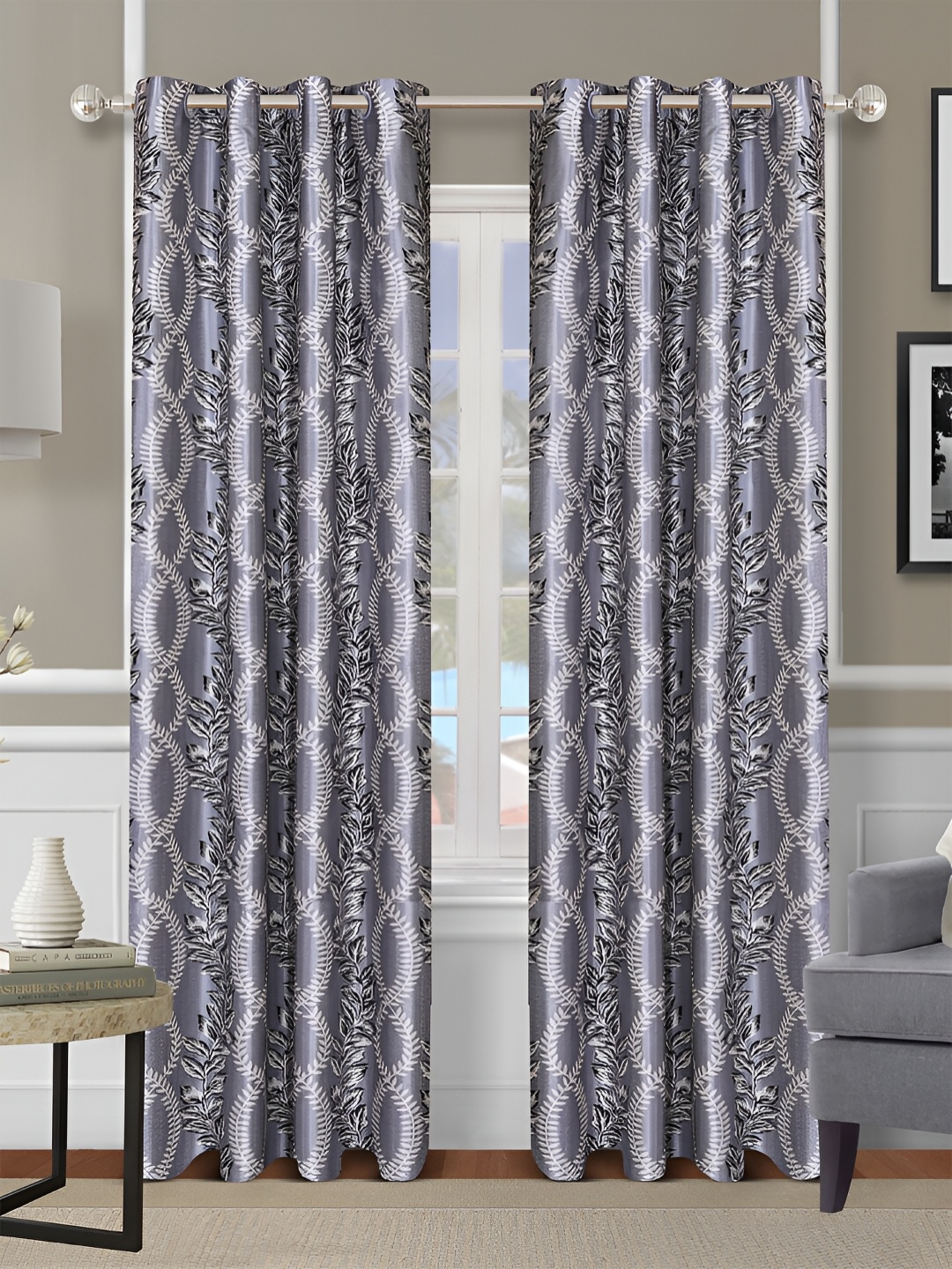 

Aura Grey & Off White 2 Pieces Floral Room Darkening Door Curtains