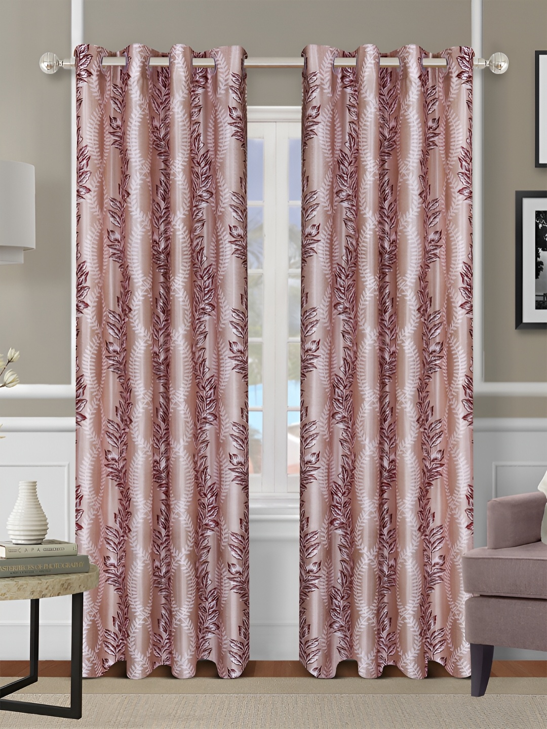 

Aura Beige & Maroon 2 Pieces Floral Room Darkening Long Door Curtain