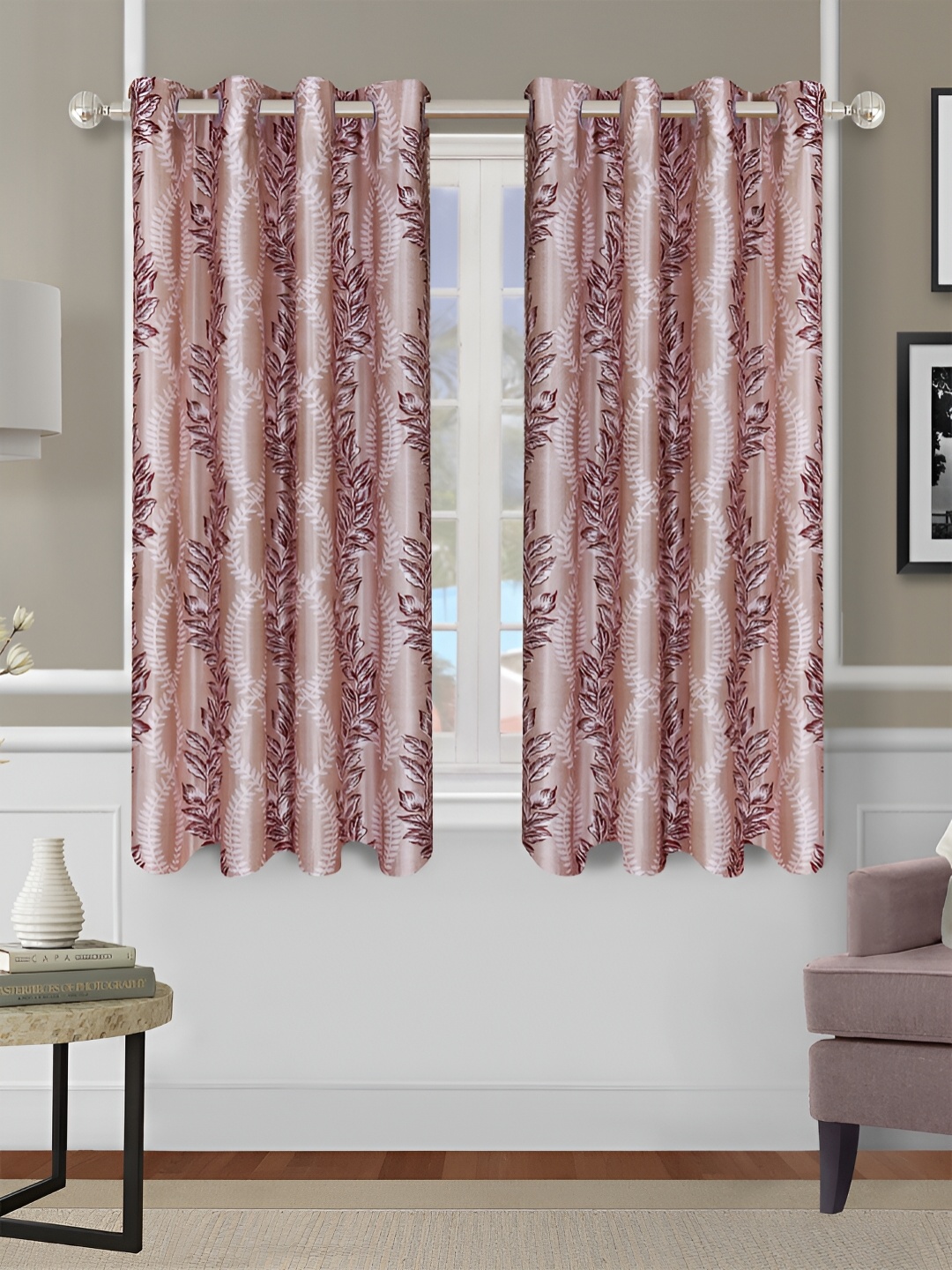 

Aura Beige & Maroon 2 Pieces Floral Room Darkening Window Curtains