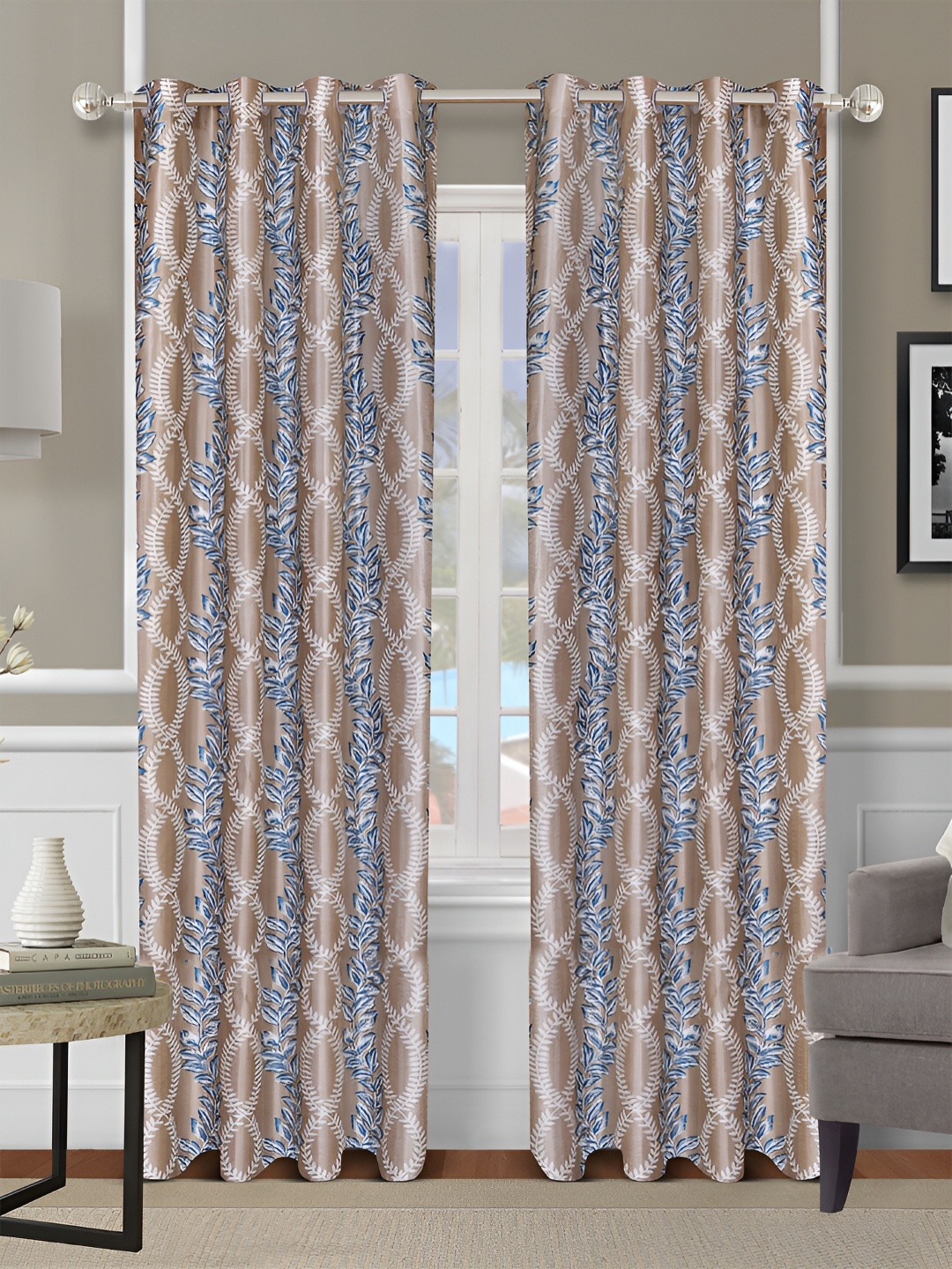 

Aura Beige & Blue 2 Pieces Floral Room Darkening Long Door Curtains
