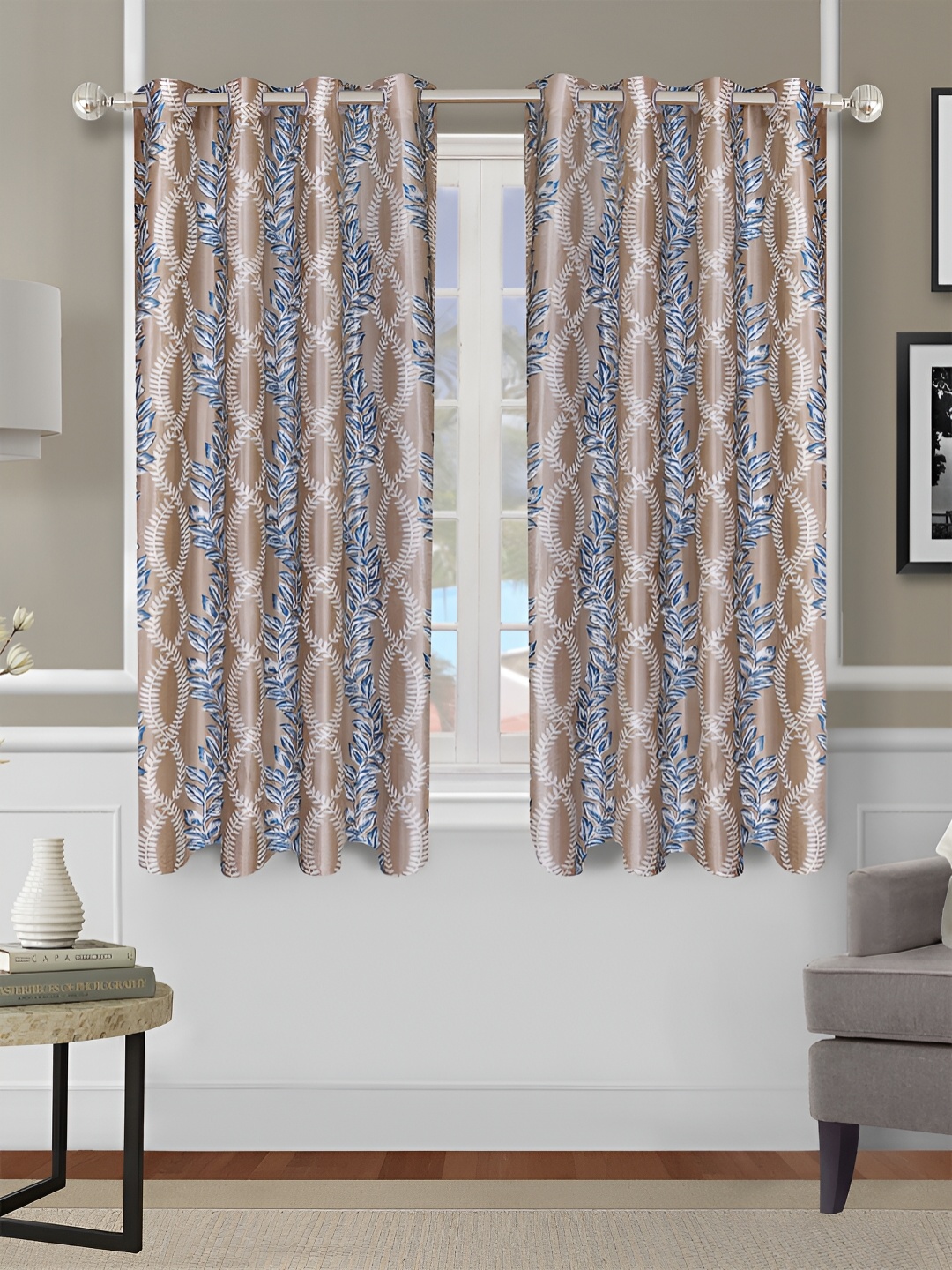 

Aura Beige & Off White 2 Pieces Floral Room Darkening Window Curtains