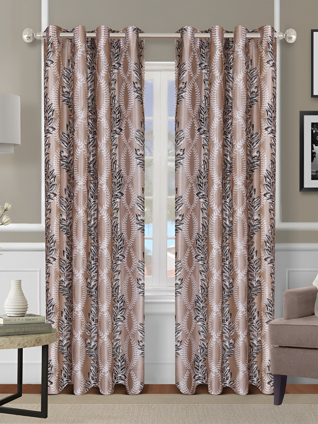 Aura Beige & Black 2 Pieces Floral Room Darkening Door Curtains