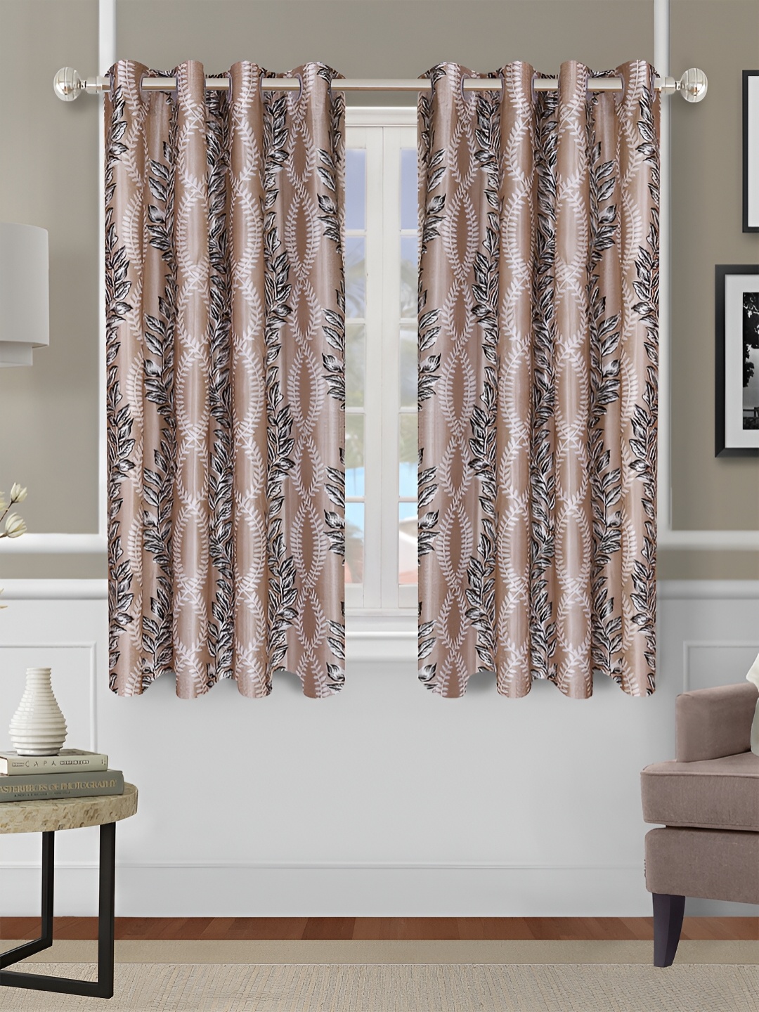 

Aura Beige & Black 2 Pieces Floral Room Darkening Window Curtains