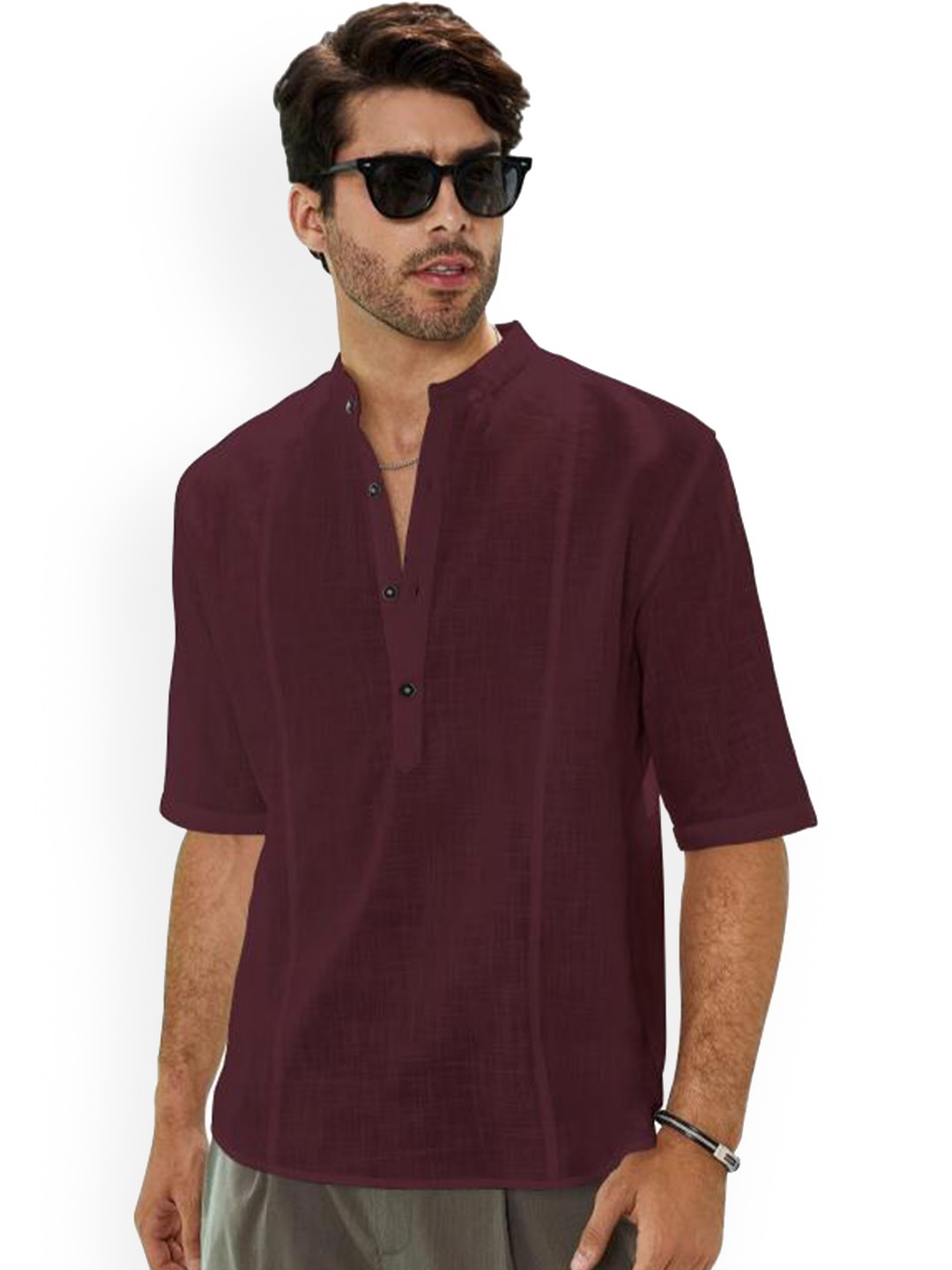 

Anouk Men Cotton Linen Henley Shirt Kurta, Maroon