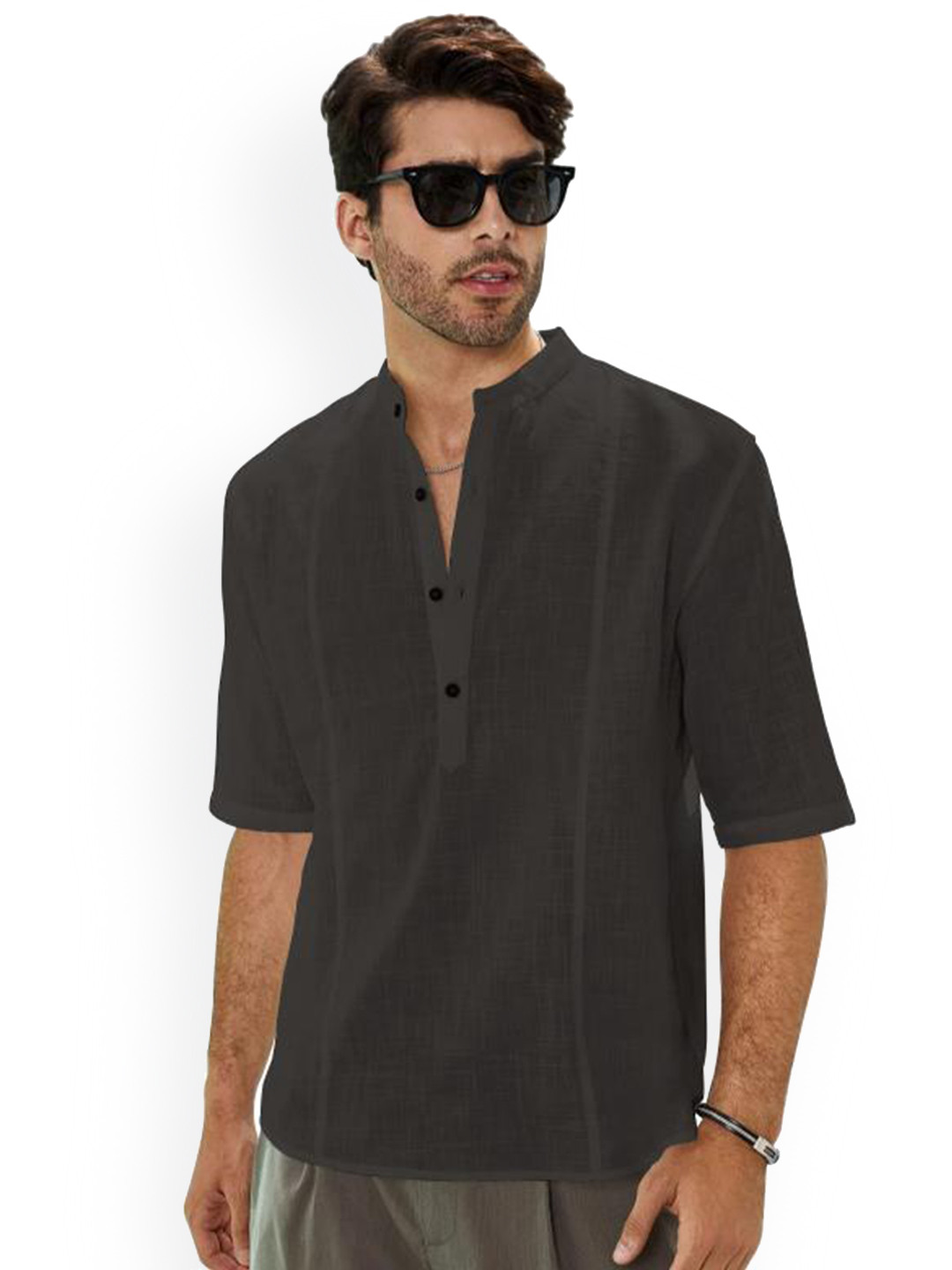 

Anouk Grey Mandarin Collar Roll-Up Sleeves Cotton Straight Kurta