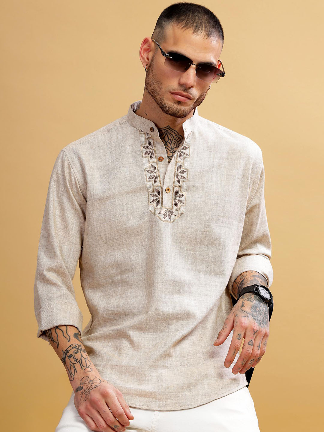 

Anouk Pure Cotton Neck Embroidered Short Kurta, Cream