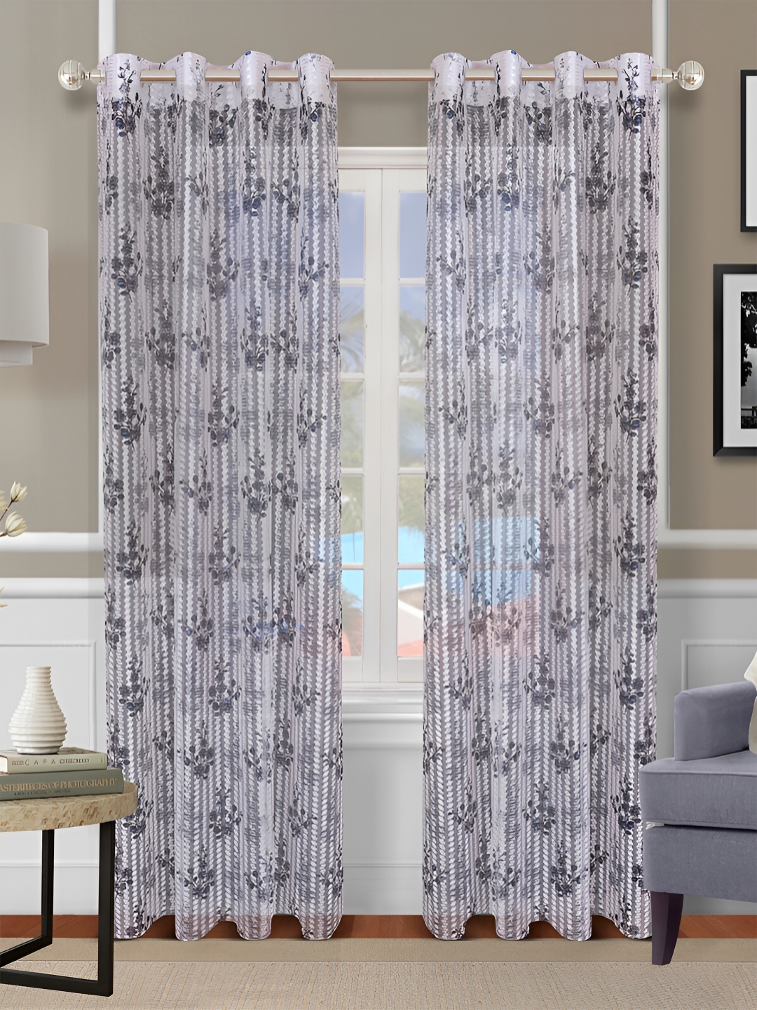 

Aura Blue & Grey 2 Pieces Floral Sheer Long Door Curtain