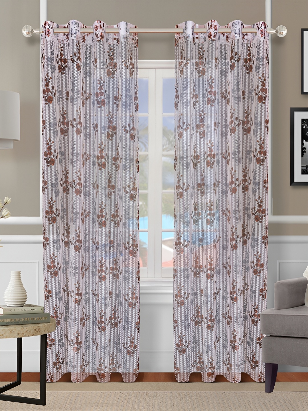 

Aura Brown & Grey 2 Pieces Floral Sheer Long Door Curtains