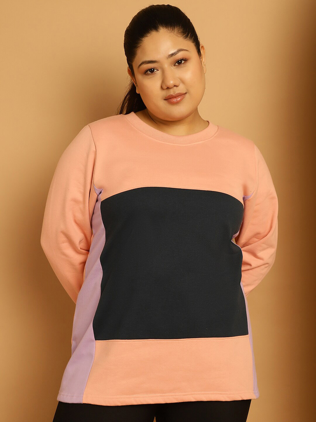 

theRebelinme Plus Size Colourblocked Long Sleeves Cotton Pullover, Peach