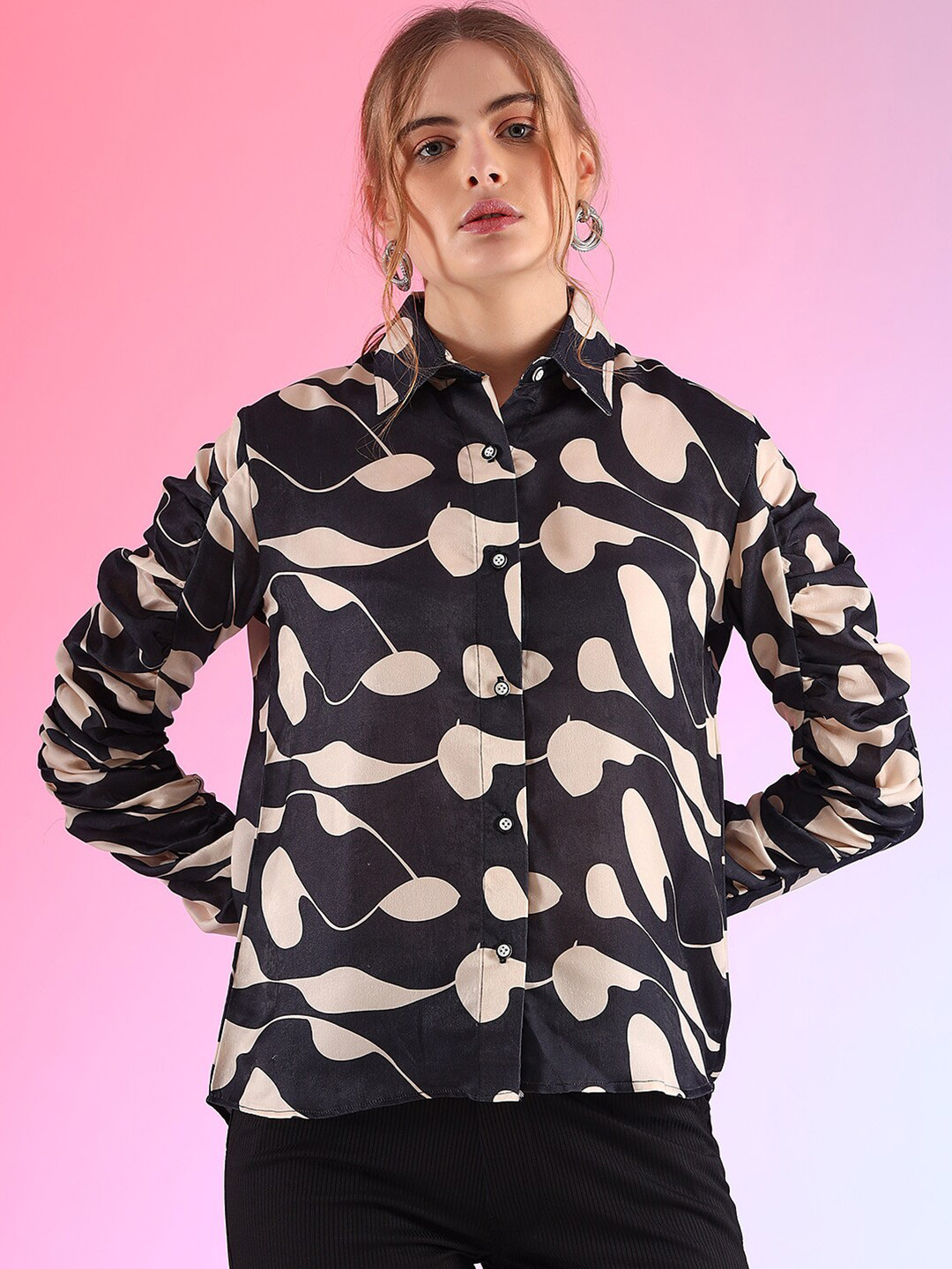 

WESTHOOD Classic Abstract Printed Satin Spread Collar Party Shirt, Black