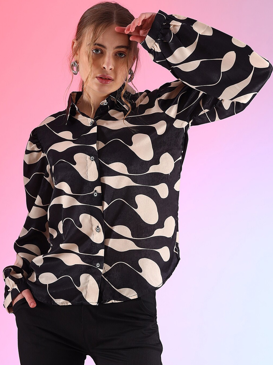 

WESTHOOD Classic Abstract Printed Satin Spread Collar Party Shirt, Black
