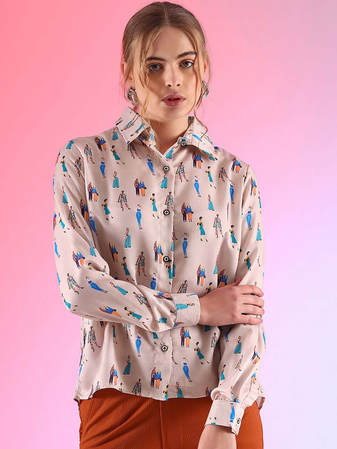 

WESTHOOD Classic Semi Sheer Abstract Printed Satin Party Shirt, Cream