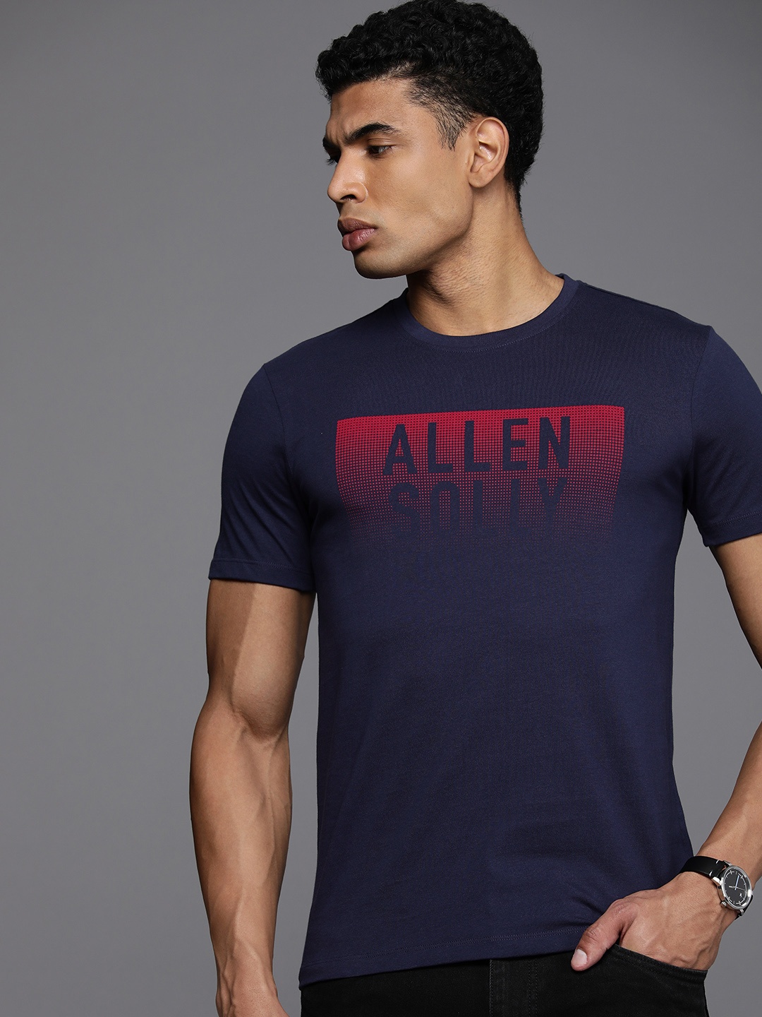 

Allen Solly Brand Logo Printed Pure Cotton Slim Fit T-shirt, Navy blue