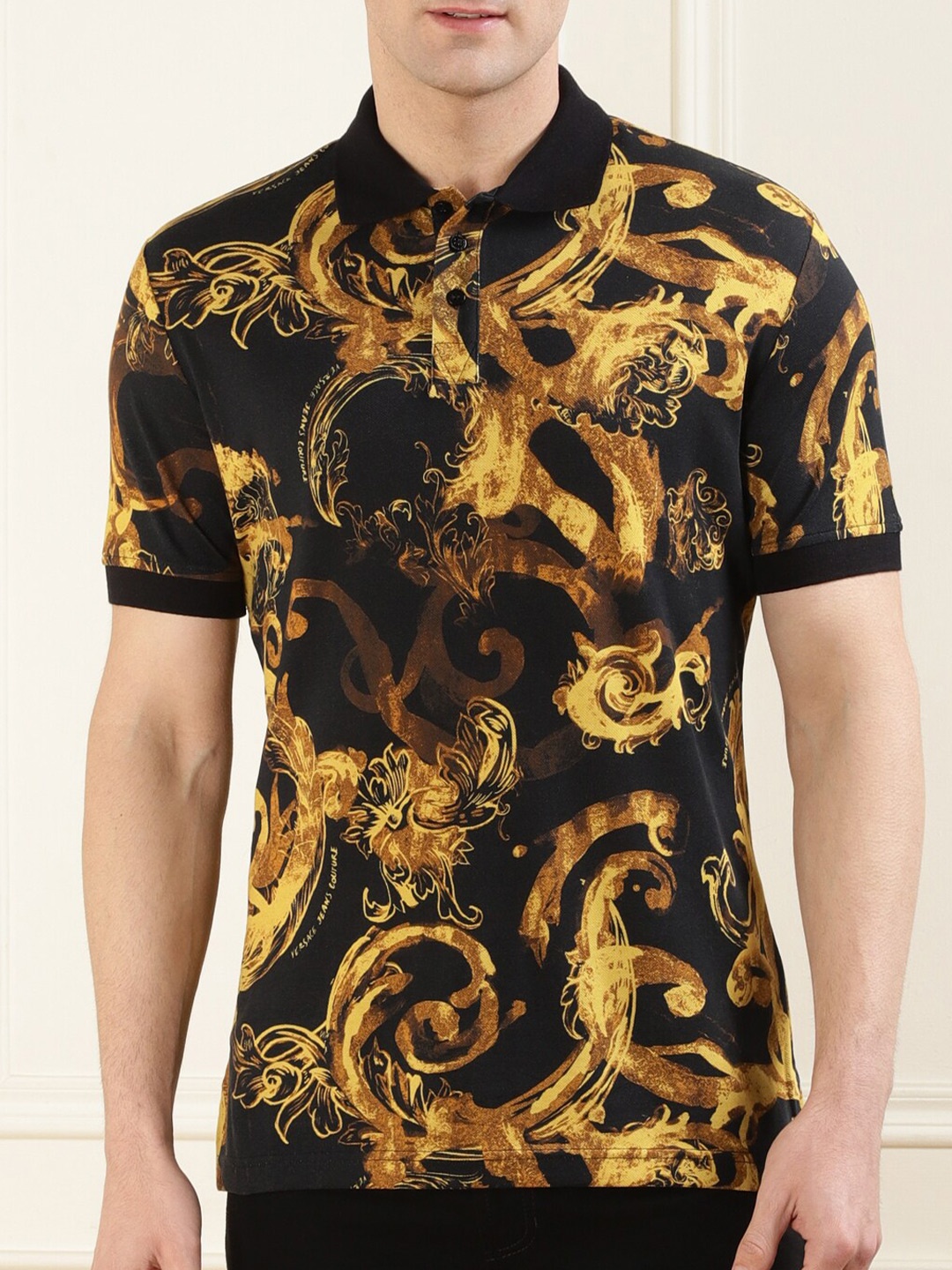 

Versace Jeans Couture Printed Polo Collar Short Sleeves Cotton T-shirt, Black