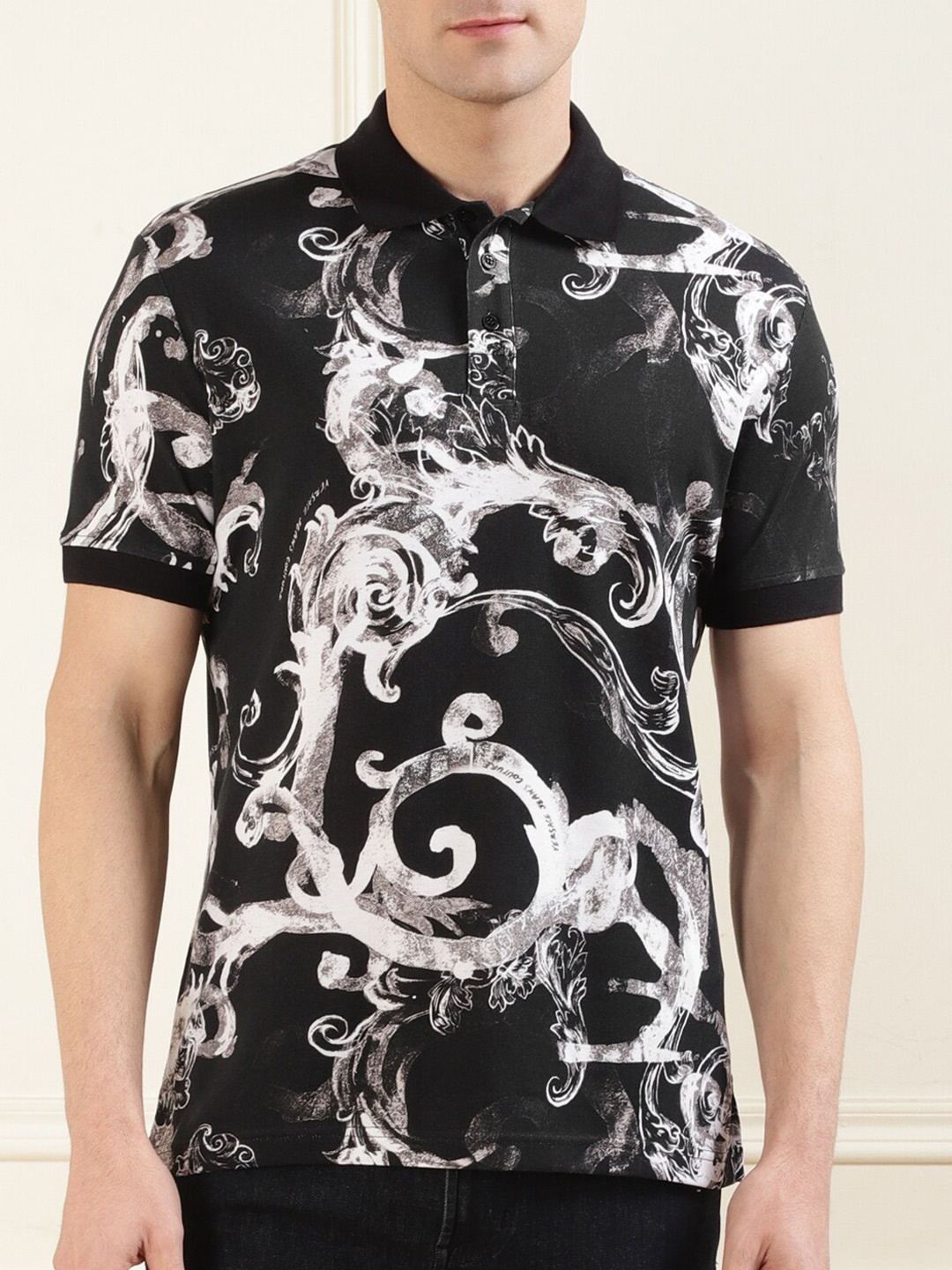 

Versace Jeans Couture All-Over Baroque Printed Polo Collar Cotton T-shirt, Black