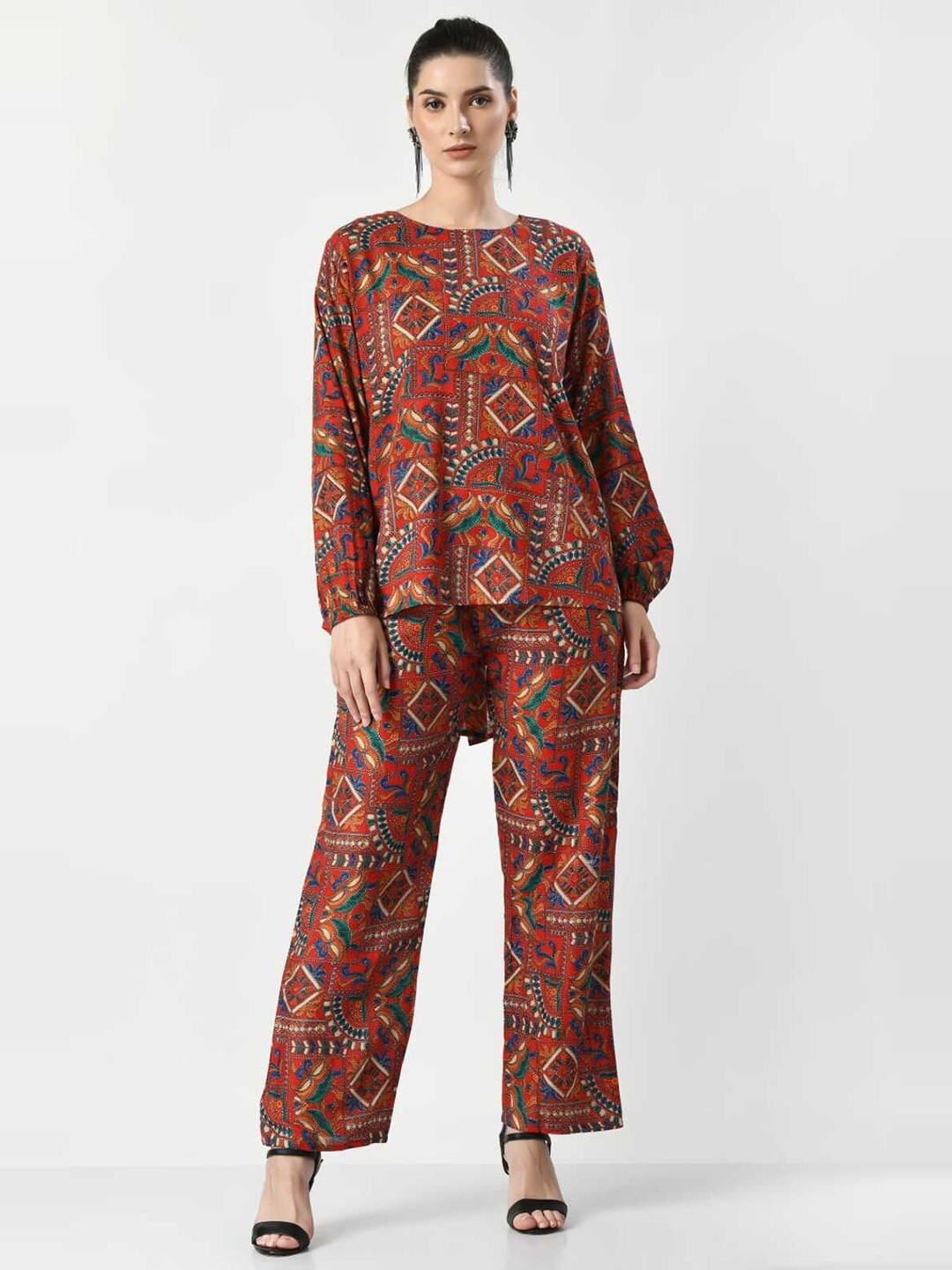 

BAESD Ethnic Motifs Printed Round Neck Cord Set, Red