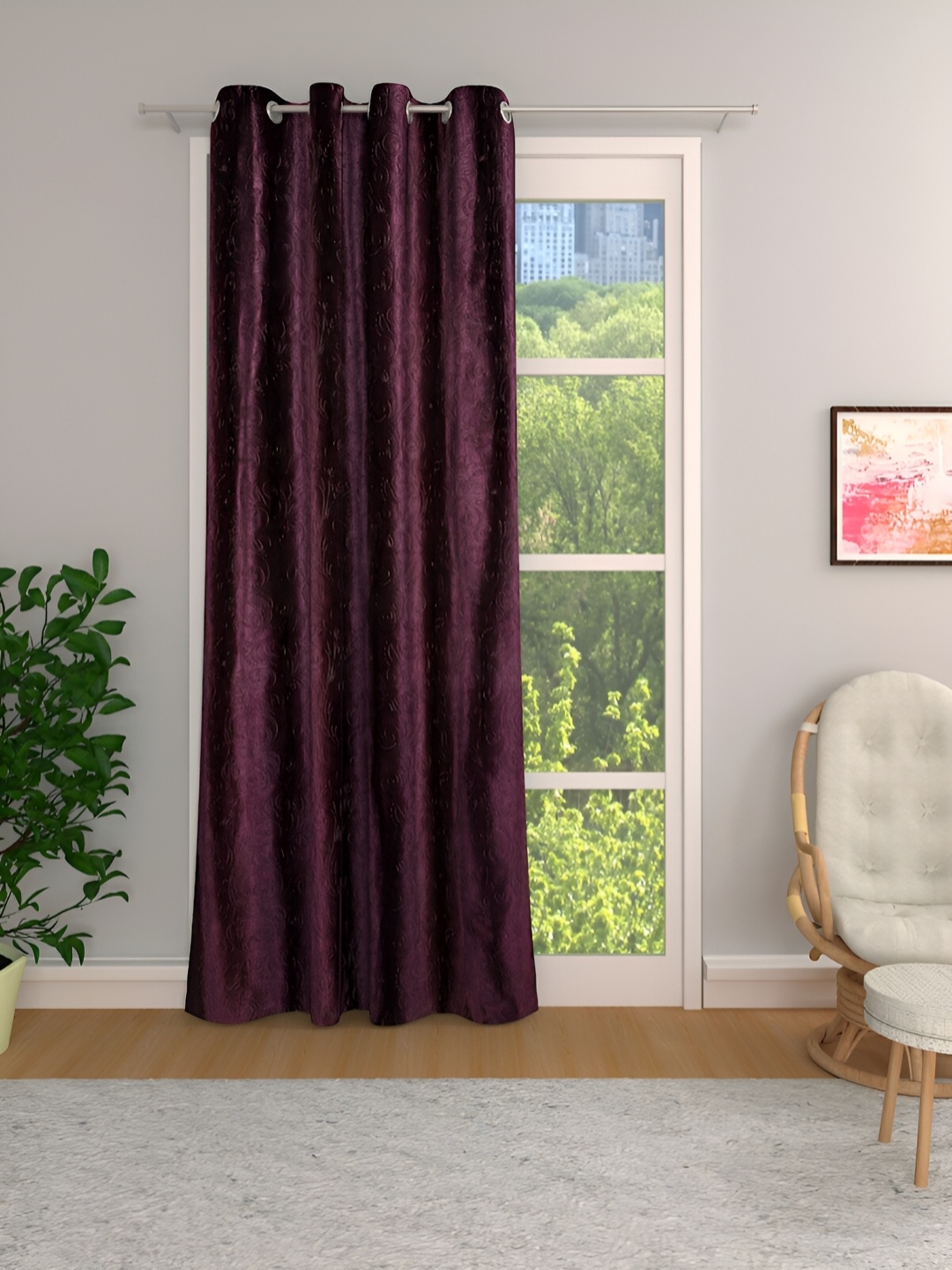 

Aura Purple Floral Self Design Room Darkening Door Curtain