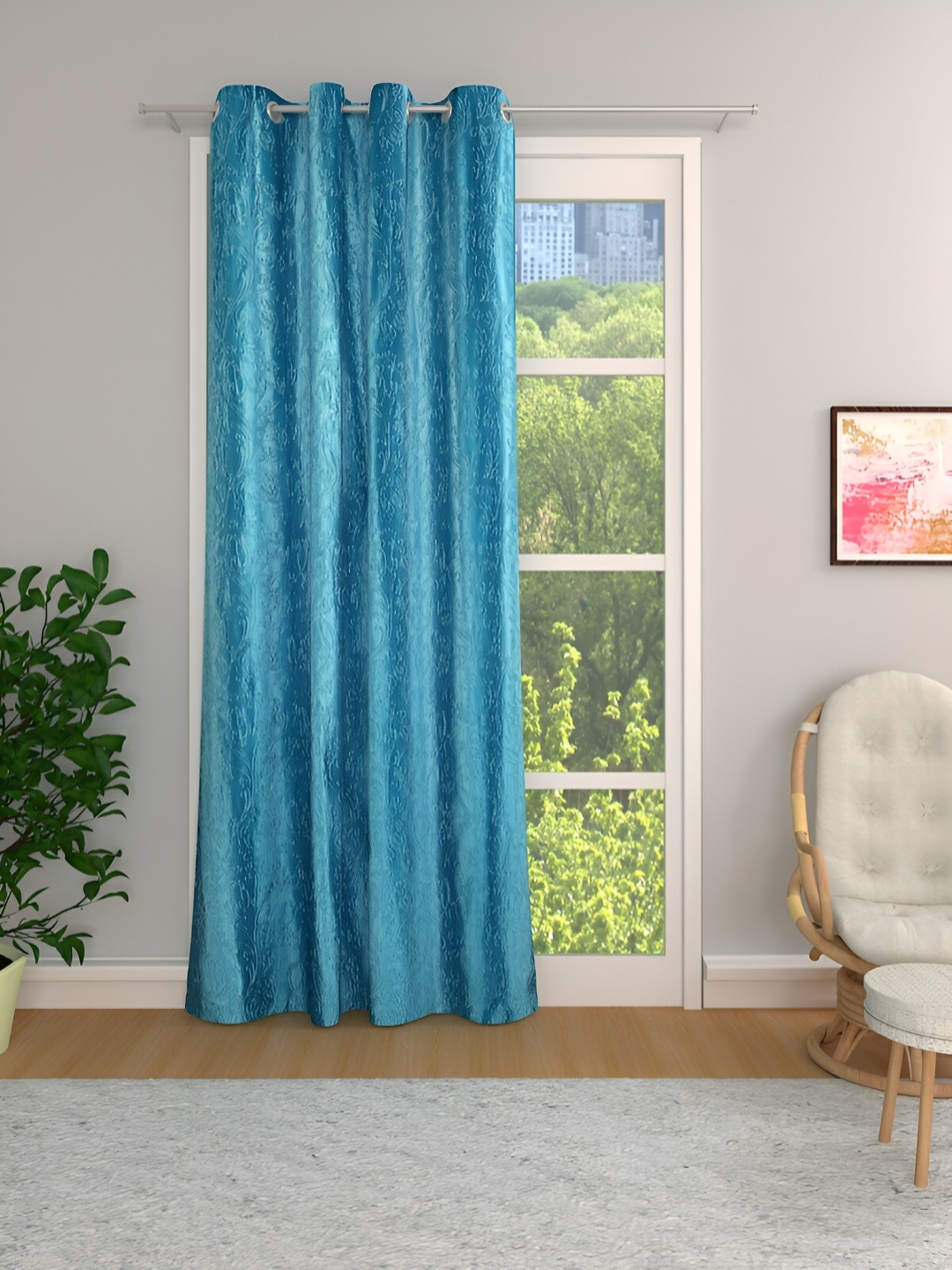 

Aura Turquoise Blue Floral Room Darkening Door Curtain