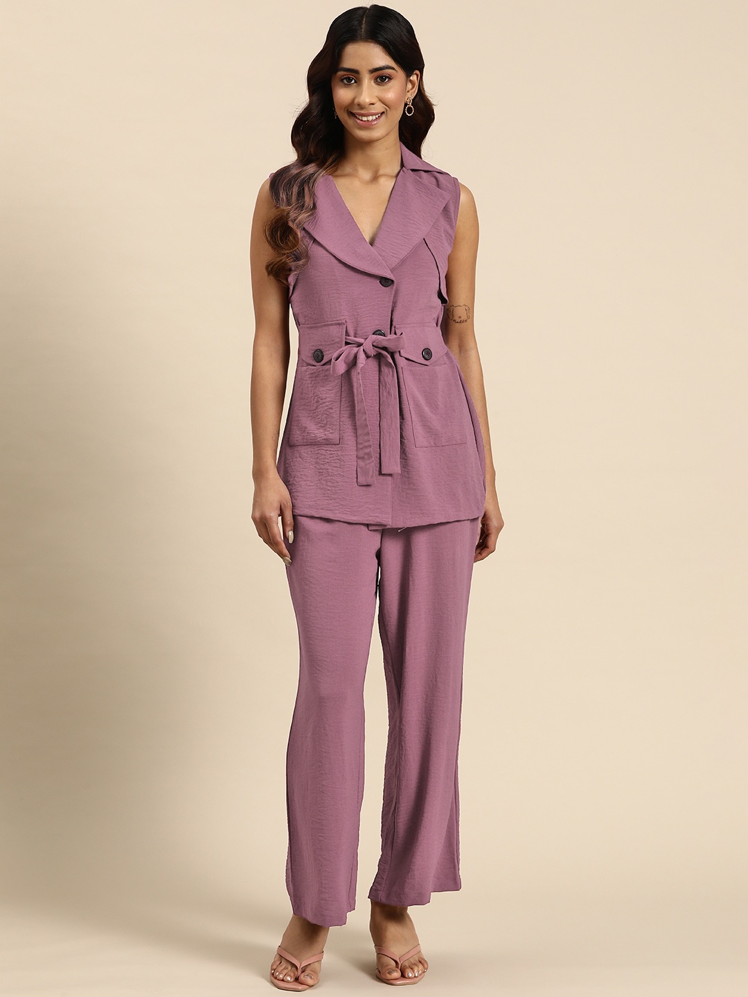 

WoowZerz Women Solid Coat & Palazzos Co-Ords, Pink