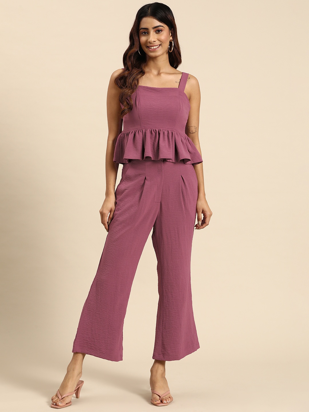 

WoowZerz Women Solid Peplum Top with Palazzos Co-Ords, Mauve