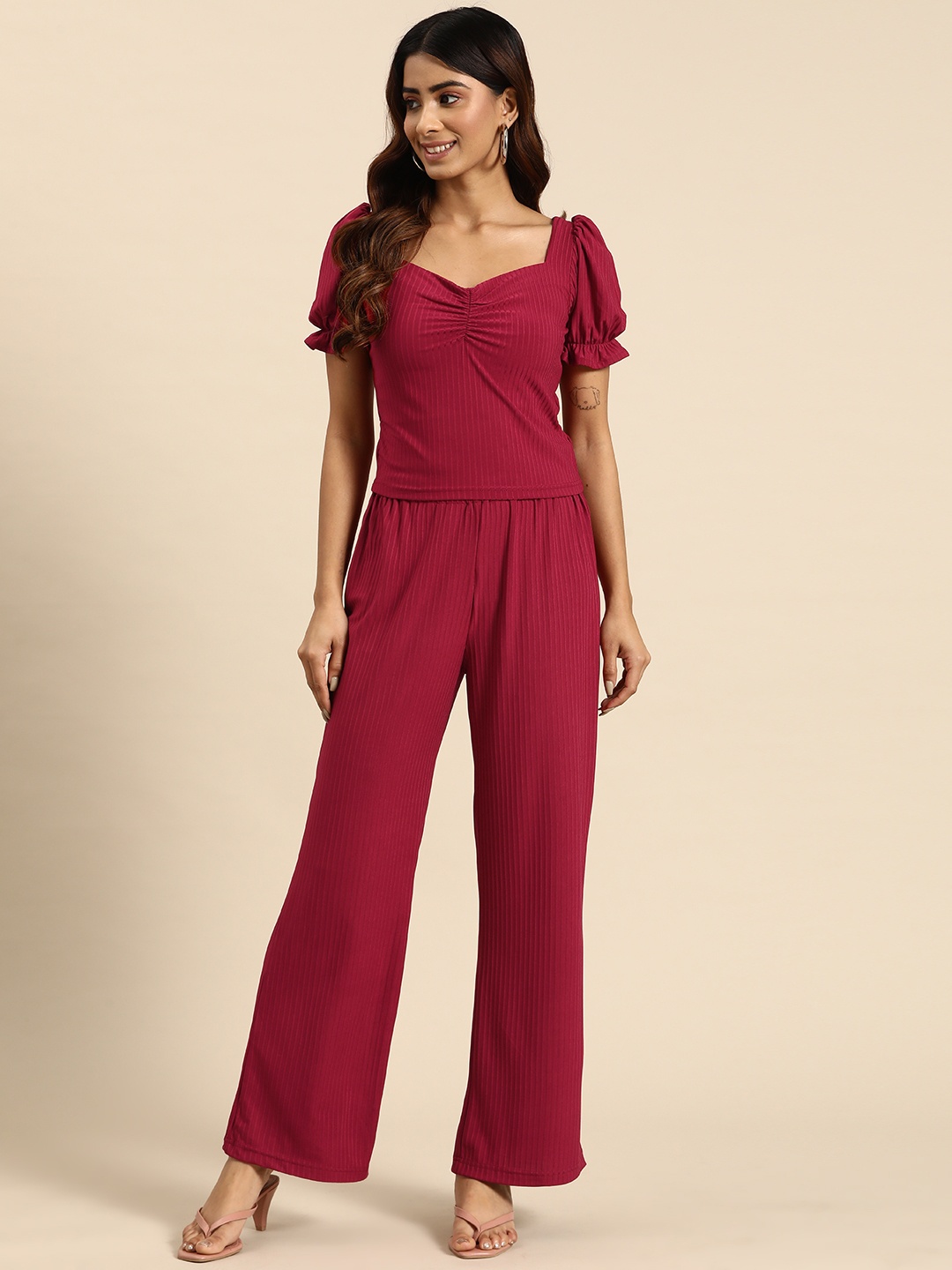 

WoowZerz Women Solid Ribbed Top with Palazzos Co-Ords, Red